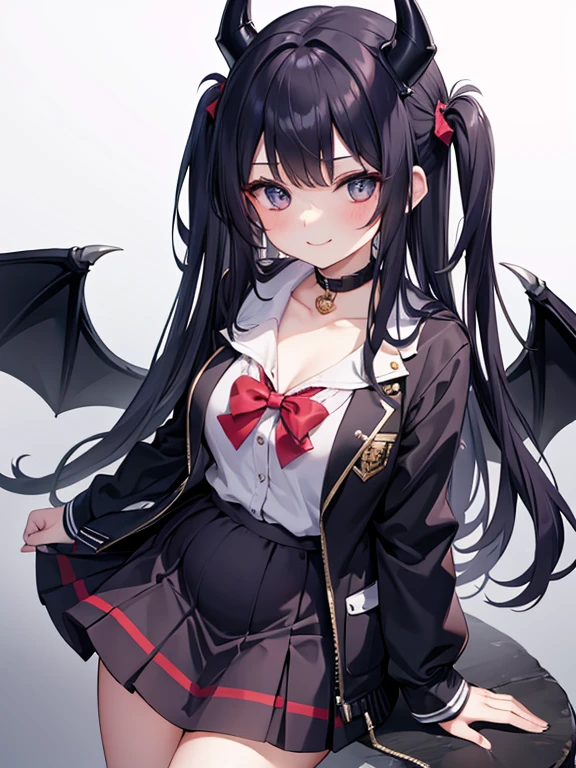 18 year old woman, dressed as a schoolgirl, long black hair, has devil horns, and has a facial expression that smiles broadly like a villain pregnant