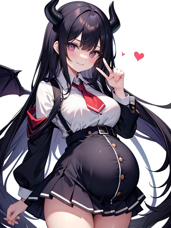 18 year old woman, dressed as a schoolgirl, long black hair, has devil horns, and has a facial expression that smiles broadly like a villain pregnant