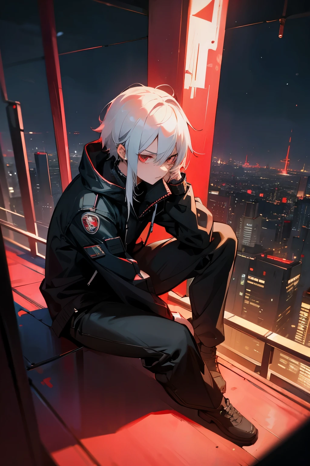 (Detailed description) (best quality) Anime, 1boy, cyberpunk style, white hair, red eyes, annoyed, sitting, staring a night city, cyberpunk city, on the rooftop