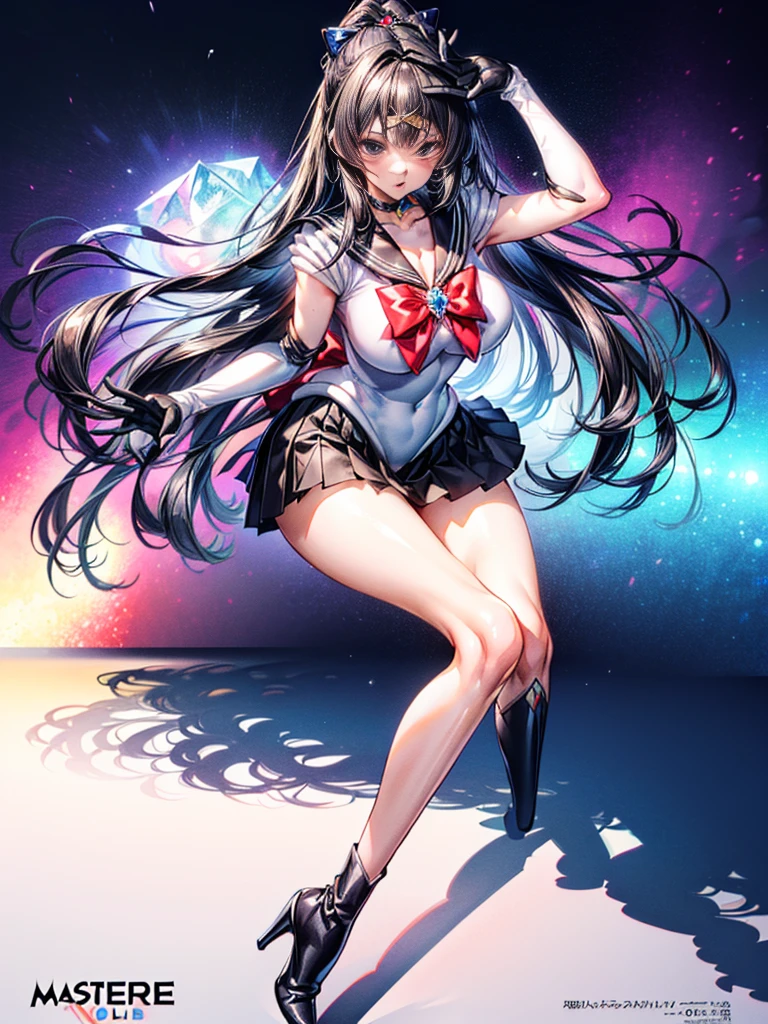 (8K, highest quality, master piece:1.2),\(fine eyes\),\(facial features\),(\(Detailed details of clothes\)\),(huge title body esbian, super skirt,Sailor Moon costume,(face focus) ,Highly detailed CG Unity 8k wallpaper,huge file size,super detailed,High resolution,absurd,beautiful eyes,ray tracing,dramatic shadow,down to the last detail,dramatic angle,hyper detail,(alone),anime style、very long straight hair、black hair、black sailor collar、Black Absolute Short Mini Scarbow Gloves、(crystal on background:1.2)