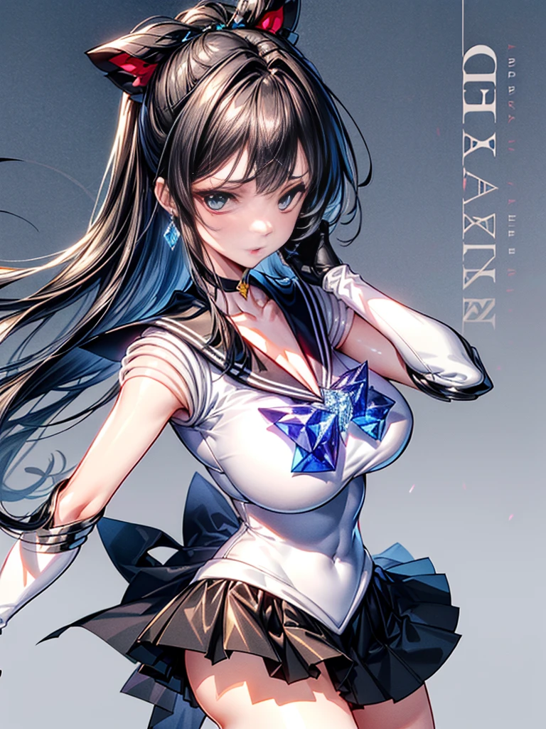 (8K, highest quality, master piece:1.2),\(fine eyes\),\(facial features\),(\(Detailed details of clothes\)\),(huge title body esbian, super skirt,Sailor Moon costume,(face focus) ,Highly detailed CG Unity 8k wallpaper,huge file size,super detailed,High resolution,absurd,beautiful eyes,ray tracing,dramatic shadow,down to the last detail,dramatic angle,hyper detail,(alone),anime style、very long straight hair、black hair、black sailor collar、Black Absolute Short Mini Scarbow Gloves、(crystal on background:1.2)
