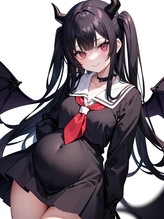 18 year old woman, dressed as a schoolgirl, long black hair, has devil horns, and has a facial expression that smiles broadly like a villain pregnant
