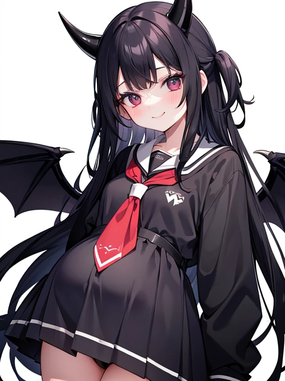 18 year old woman, dressed as a schoolgirl, long black hair, has devil horns, and has a facial expression that smiles broadly like a villain pregnant