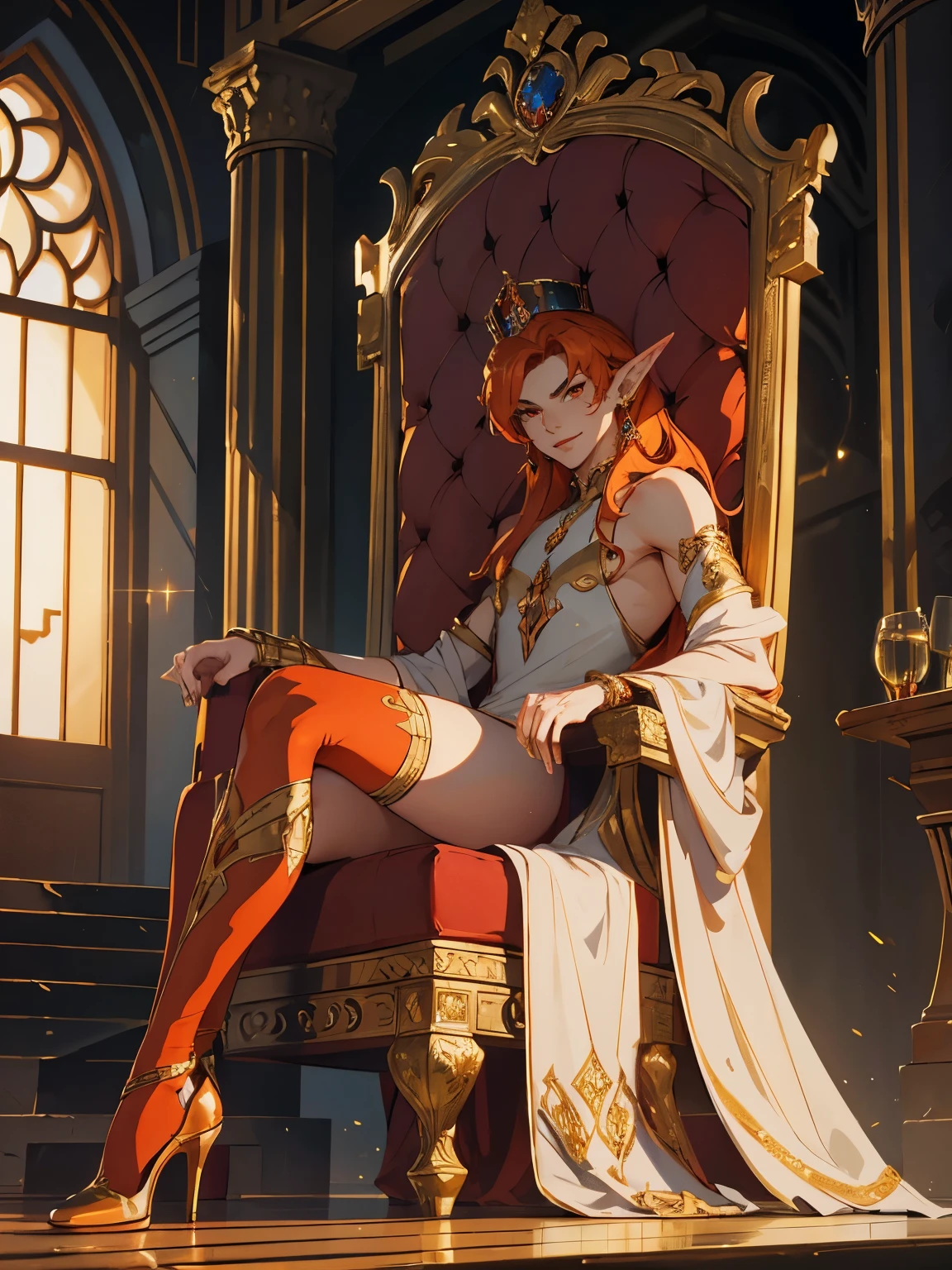 Masterpiece, best quality, spacious palace, large archways, throne room, elvish design, 1_man, male body, thin, handsome, flamboyant, full body, sitting in throne, looking at the camera, deviant smile, (smirk on face), long elf ears, earrings, orange hair, long hair length, red eyes, wearing beautiful gold elfish dress, low cut dress, sleeveless, golden bracelets, painted nails, golden crown, red high heels, thigh highs, legs crossed, red lipstick, dark eyeliner, beautiful appearance,