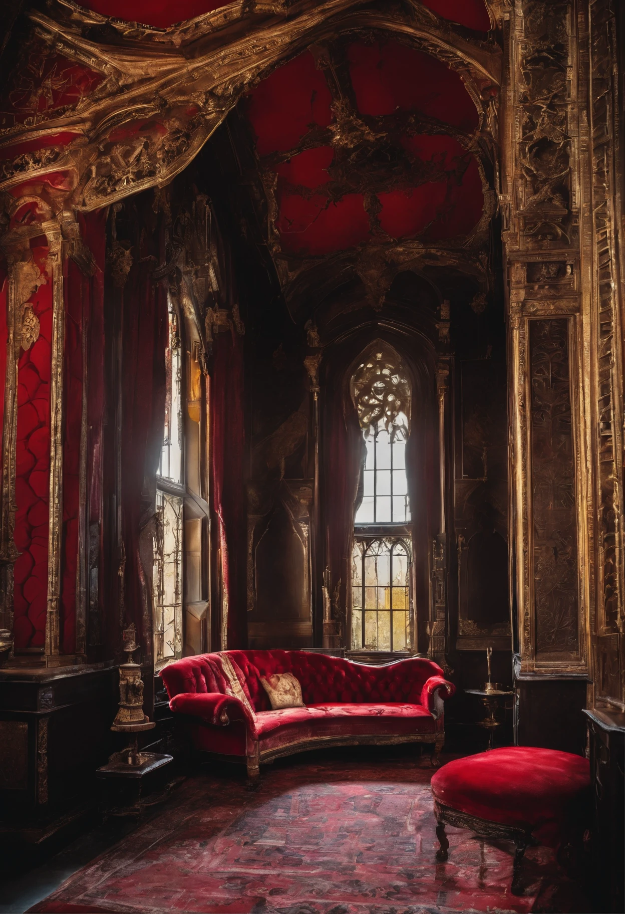 Medieval house，red sofa，Red curtains，The light  dim，classical，noble，run-down，desolated，Gold-framed windows，Withered trees，Withered yellow sky