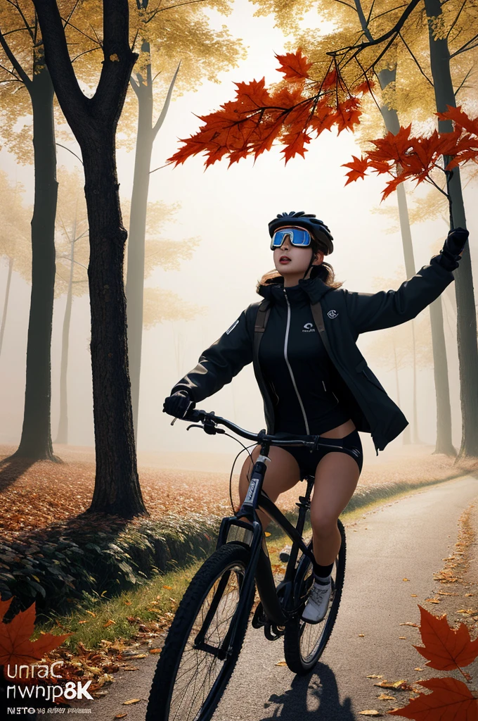 dynamic illustrationred of autumn leaves falling, red yellow maple leaves in the air, Cycling girl with goggles, leaves floating in the air, strong wind effect, (Motion Blur), (best composition), (realistic, photorealistic, RAWphoto:1.3), ultra-wide-angle, octane render, enhance, intricate, (best quality, masterpiece, Representative work, official art, Professional, unity 8k wallpaper)