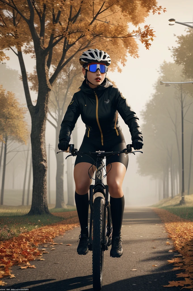 dynamic illustrationred of autumn leaves falling, red yellow maple leaves in the air, Cycling girl with goggles, leaves floating in the air, strong wind effect, (Motion Blur), (best composition), (realistic, photorealistic, RAWphoto:1.3), ultra-wide-angle, octane render, enhance, intricate, (best quality, masterpiece, Representative work, official art, Professional, unity 8k wallpaper)