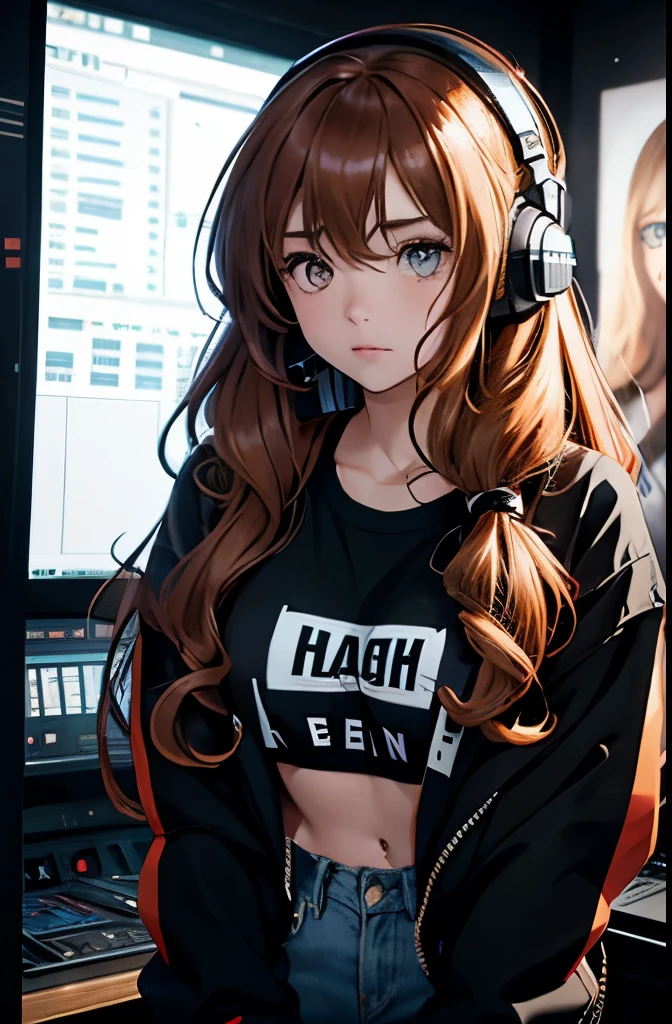 1girl, portrait, medium long wavy hair, sidelocks, auburn hair, hazel eyes, tan skin, makeup, super terrified expression, horrified, petite, large breasts, black demin jacket, white t-shirt, high waist black skinny jeans, shirt tucked into jeans, background sound booth, soud mixer in background, wearing headset, hands on headset