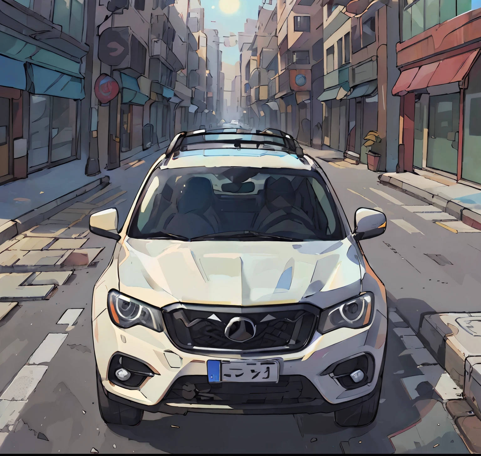 (best quality,highres),shiny SUV with vibrant colors, realistic rendering, detailed features, bright sunlight, urban background, bustling street, stylish accessories, detailed car interior, rearview mirror, polished metal surfaces, professional photo quality