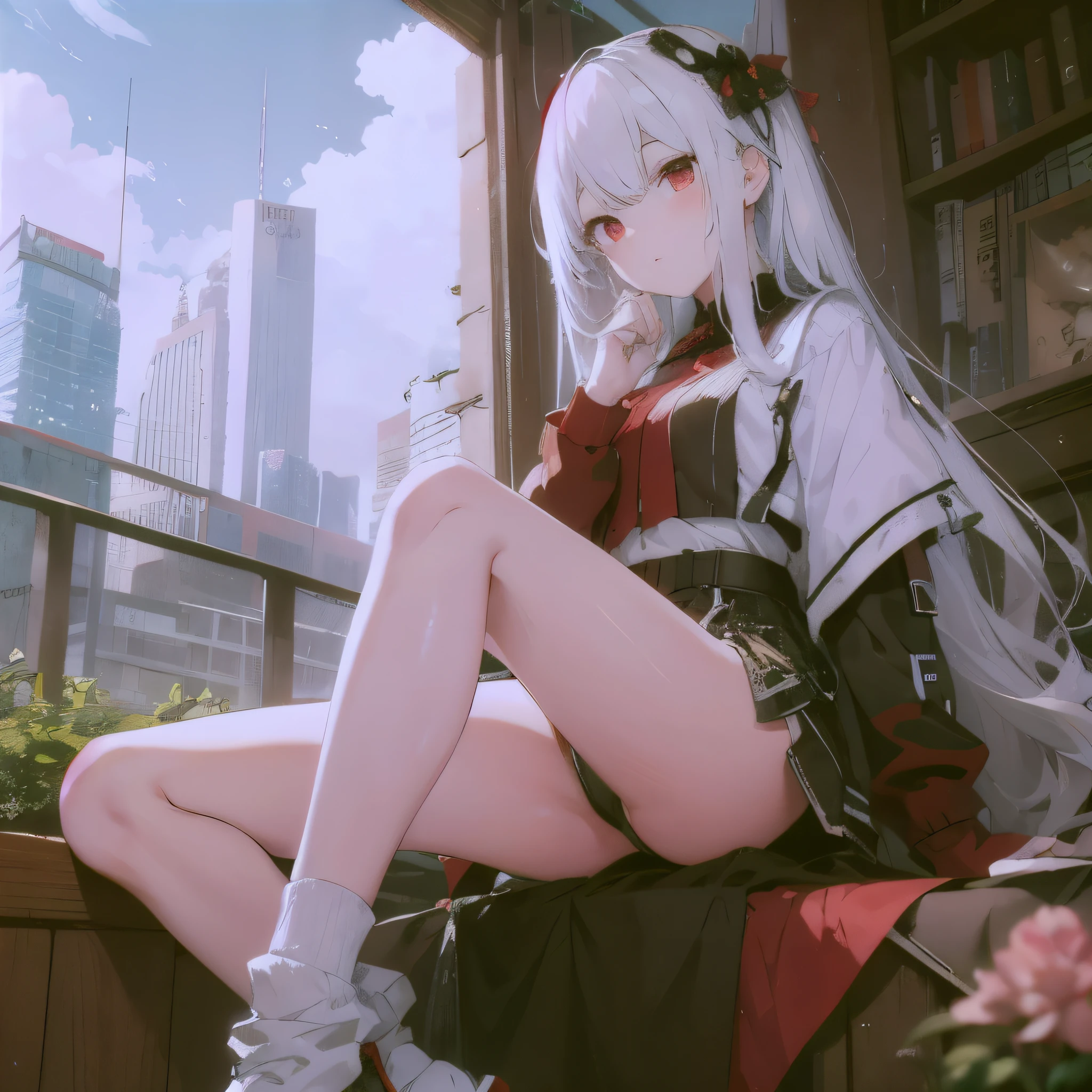 Anime shoujo,white hair,red eyes,Uniformarefoot