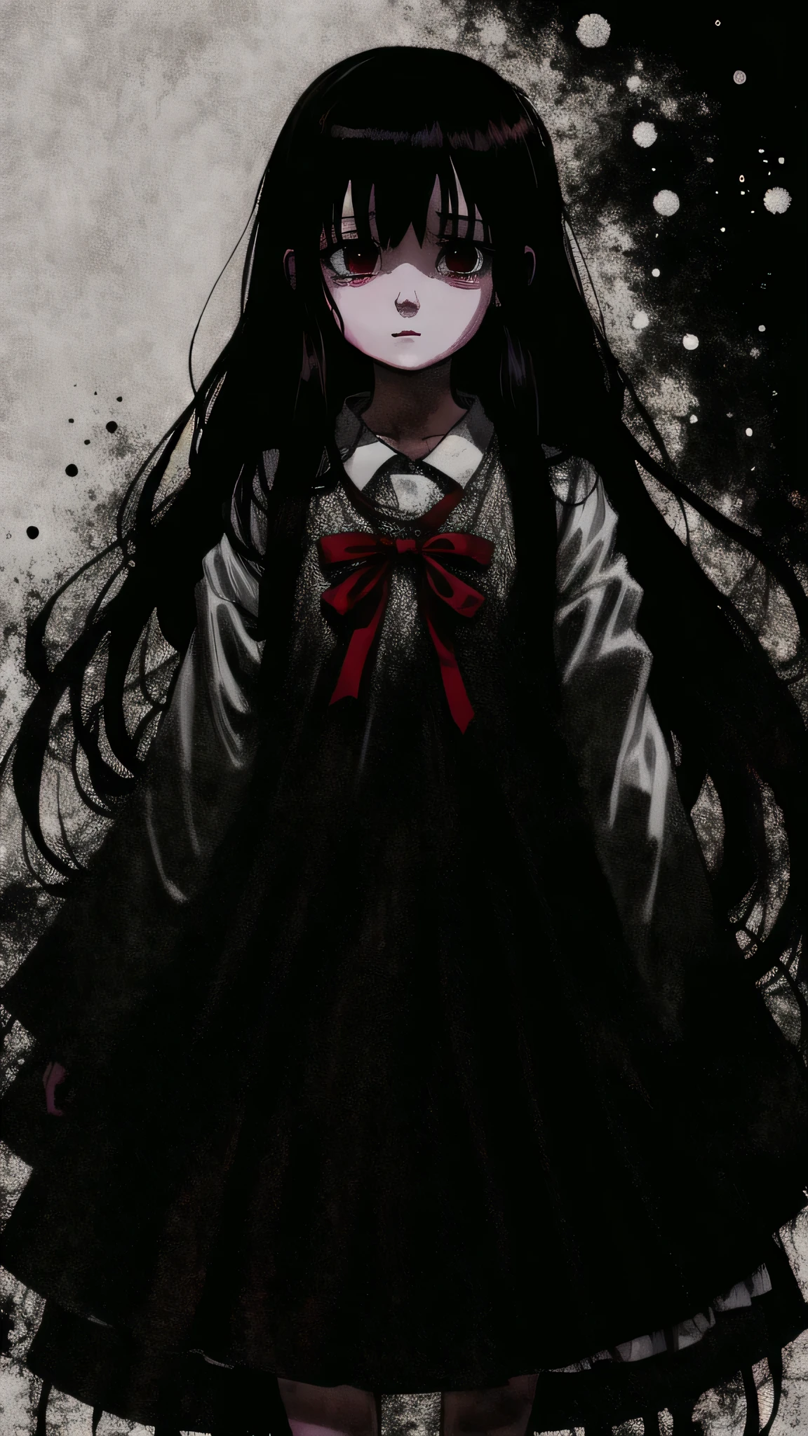 Cartoon girl with long hair and white dress, Pale Young Ghost Girl, yume nikki, The ghost of a girl, Nico in white dress, loli in dress, junji ito 4 k, made with anime painter studio, mysterious girl, haunted and sad expression, digital art from danganronpa, haunted sad expression