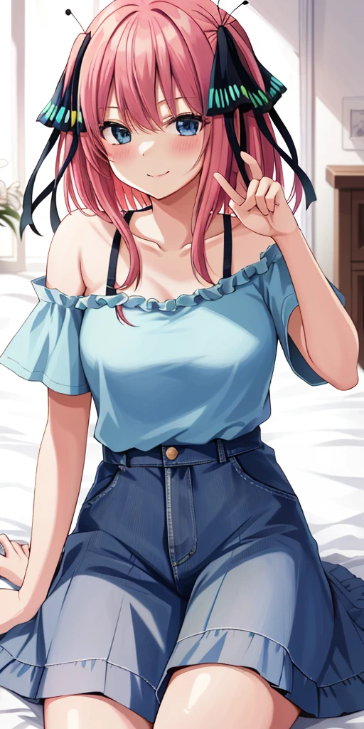2D、master piece、highest quality、anime style、very detailed、1 girl、solo、cowboy shot、Nino Nakano、pink hair、butterfly hair ornament、 light blue bra with small area, Light blue T-back, clavicle、medium breasts、smile、Bedroom、sit、sexy pose、blush