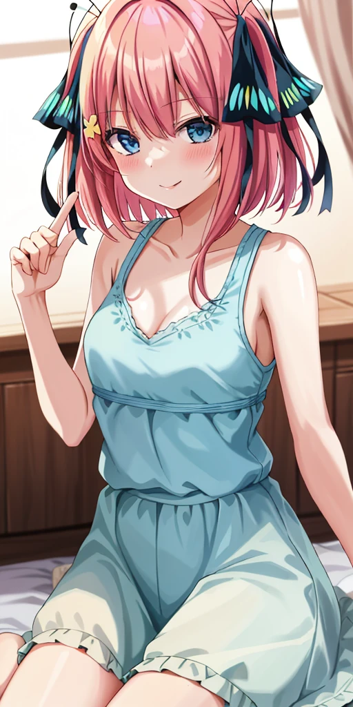 2D、master piece、highest quality、anime style、very detailed、1 girl、solo、cowboy shot、Nino Nakano、pink hair、butterfly hair ornament、 light blue bra with small area, Light blue T-back, clavicle、medium breasts、smile、Bedroom、sit、sexy pose、blush