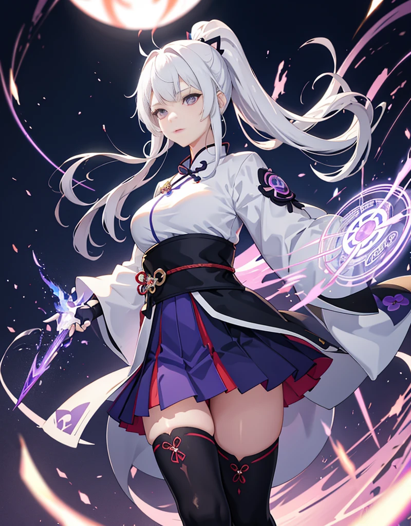 1 girl, japanese clothes, ponytail ,white hair, purple eyes, magic circle, blue flame, blue flame, wallpaper, landscape, Blood, Blood splatter, depth of field, night, light particles, light, side light, thigh, destiny \(series\), Genshin Impact, ****, open jacket, skirt, Raise your legs high, cloud