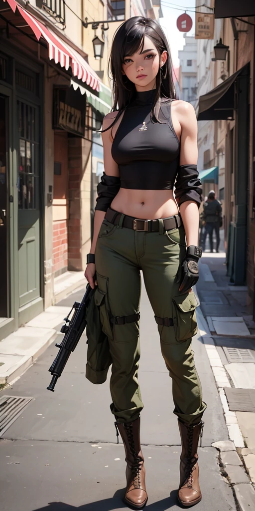 hermosa mujer soldado razgos de medio oriente cabello negro muy corto estilo militar, ojos cafe, brazos muy hypertrofiados, manos roboticas y cuerpo muscular, hombros al descubierto, tank top apretado color grisaseo gran escote, pantalones militares camuflaje color grisaceo, cinturon con municion, lleva un rifle de francotirador estilo sovietico, botas militares largas negras, fondo de la imagen, ciudad de medio oriente en llamas, ultra realistic, ultra detailed, ultra detailed, hyperrealistic, 4k, ultra detailed image, realistic, highly detailed, perfect composition, beautiful detailed intricate insanely detailed, 8k artistic photography, hyper detailed, Masterpiece
peliroja