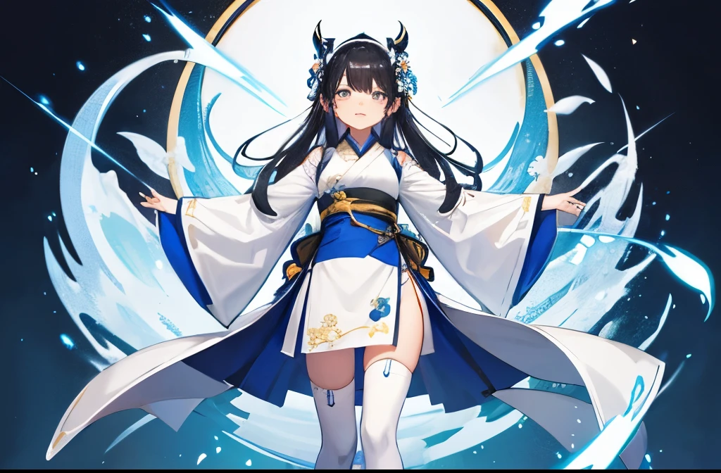 Standing with legs stretched out as if floating in the air、Hanfu with white and gold as the main colors、black band、short apron、white thigh high socks、thick thighs、