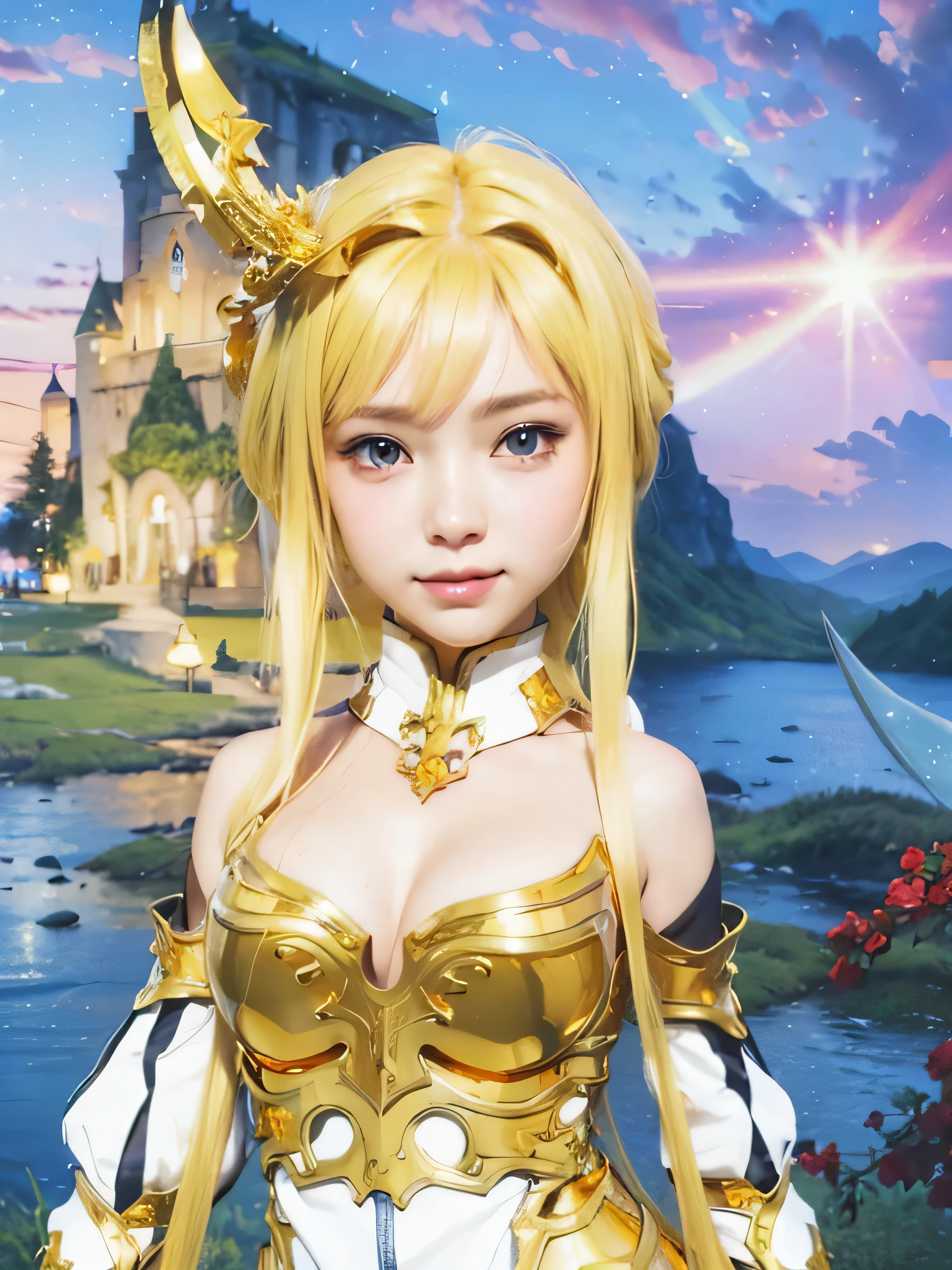 Realistic,masterpiece, best quality, (realistic,photo-realistic:1.4), (RAW photo:1.2),extremely detailed CG unity 8k wallpaper, delicate and beautiful, amazing,finely detail, official art, absurdres, incredibly absurdres, huge filesize, ultra-detailed,extremely detailed eyes and face, light on face,little smile,(blonde hair:1.3),long hair,,(medium breast:1.3),lake,(wearing gold armor:1.4),hair ornament,wearing crown,alice zuberg