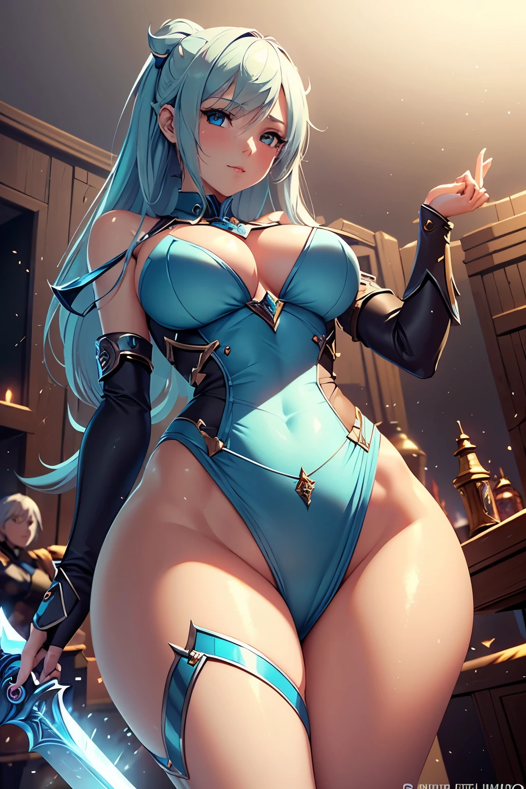 In a fantasy MMO game, The player character enters the game world as, slim female character,Have a charming figure. She has a pair of delicate eyes, lips, and a face that enhances her overall attractiveness.. The character's body design extremely detailed,The clothes she wears enhance her charm. The character menu allows the player to customize her appearance and change her clothes, Add variety to her style. As she travels through the virtual world, A huge sword was slung elegantly on her back, Adds an air of strength and power to her character. around her, She exudes a magical aura, Create a mysterious and charming atmosphere. The game environment rich in details, With stunning scenery, bright colors, and complex designs. The game itself has the highest quality graphics, Resolution 4k or 8k, Make sure every detail displayed with utmost clarity. The visual effects are very realistic, Benefit from professional-grade rendering technology and physically based rendering. Lighting effects create an immersive atmosphere, Dynamic shadows and studio-quality lighting accentuate the character's beauty. With this tip, Stable diffusion will generate visually stunning images for fantasy MMO games, Slim figure shows charming femininity, Characteristics, and powerful presence. The combination of detailed vision, Realistic rendering, and bright colors will bring this game world to life, Spark your audience's imagination.