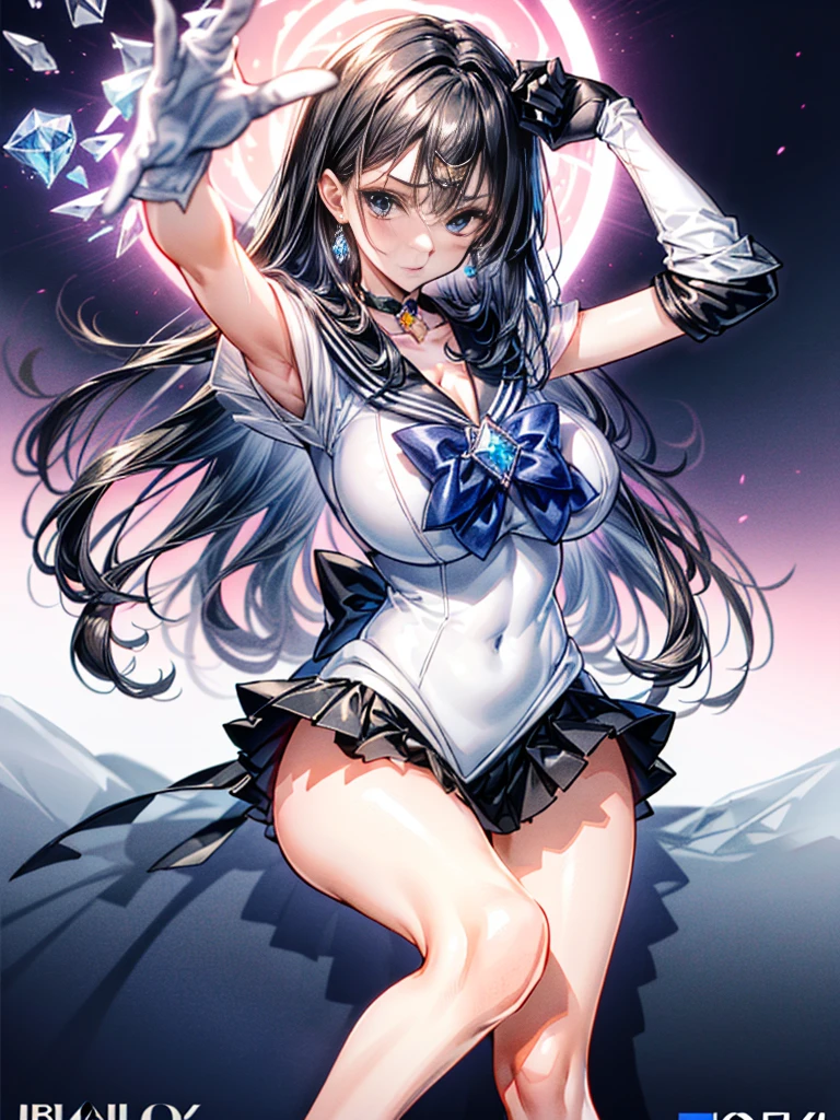 (8K, highest quality, master piece:1.2),\(fine eyes\),\( features\),(\(Detailed details of clothes\)\),(huge title body esbian, super skirt,Sailor Moon costume,(face focus) ,Highly detailed CG Unity 8k wallpaper,huge file size,super detailed,High resolution,absurd,beautiful eyes,ray tracing,dramatic shadow,down to the last detail,dramatic angle,hyper detail,(alone),anime style、very long straight hair、black hair、black sailor collar、Black Absolute Short Mini Scarbow Gloves、(crystal on background:1.2)