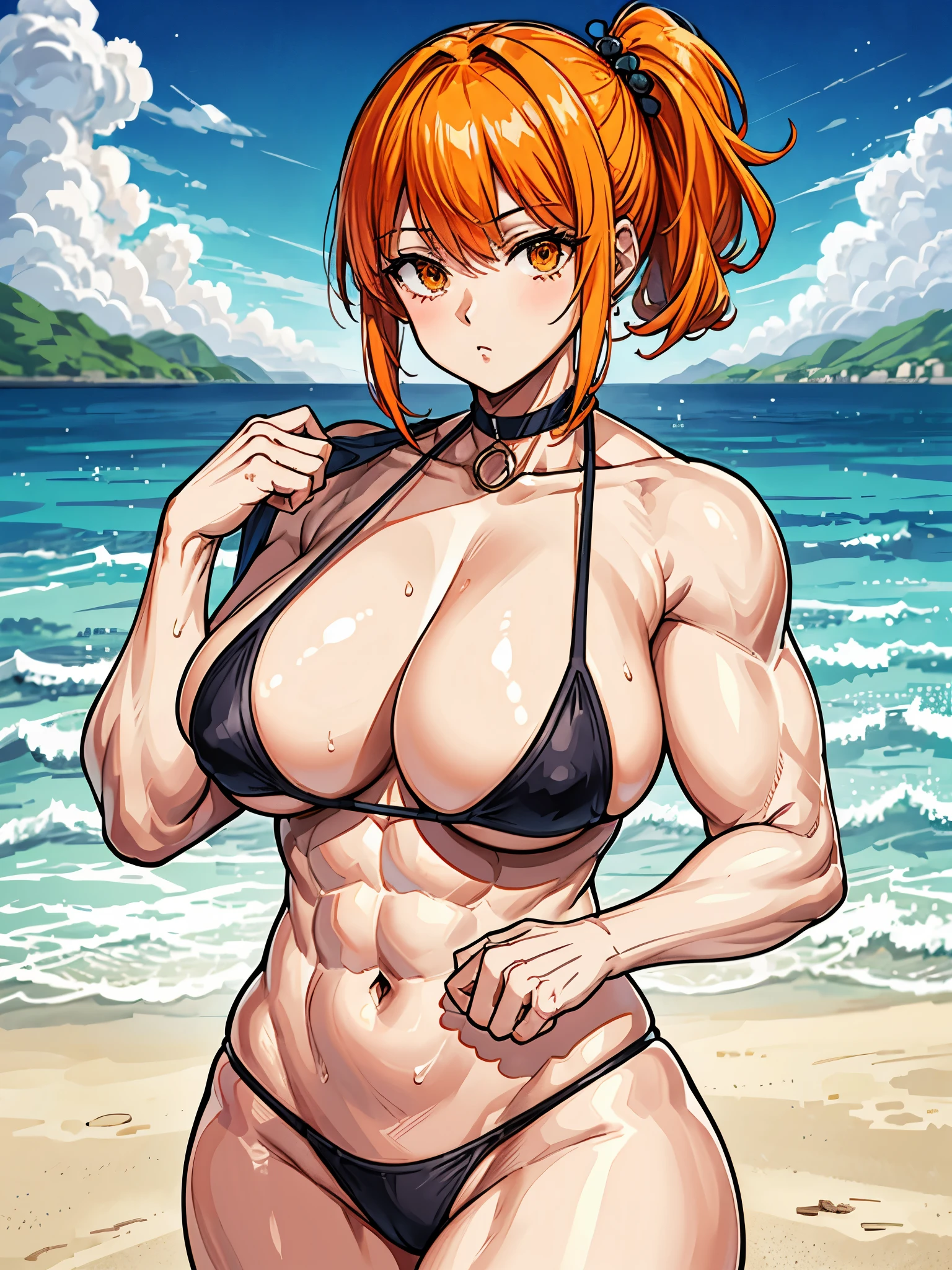 （（（masterpiece、Highest image quality、highest quality、highly detailed unity 8ｋwallpaper）））、（（Illustration of one girl））、（（（beautiful girl）））、（（orange hair、side ponytail、orange eyes））、（stocky build, thickset physique, muscular legs, broad shoulders, solid chest）、swimsuit、sandy beach