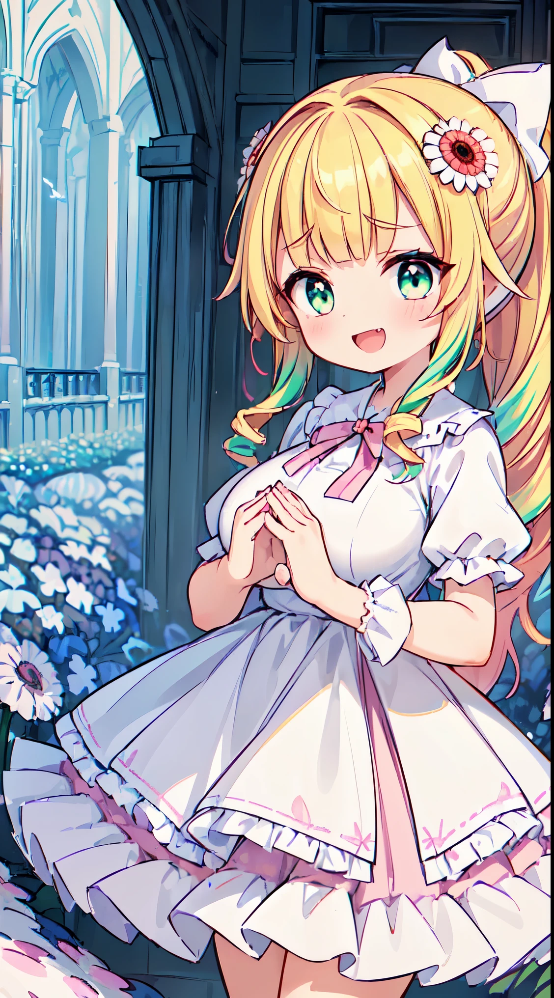 (masterpiece, top quality, best quality, official art, beautiful and aesthetic:1.2),ultra-detailed,intricate details,amazing illustration,award-winning art,atmospheric,
BREAK, 1 beautiful girl, girl, (cute:1.5),(chibi:0.5),(cute:2.0),(:2.0),(12 year old girl),(big breasts:1.65),(chin hair,blond hair,blue bow,green eyes,eyebrows showing through hair,side locks,split bangs long hair, hair flowers, hair ornament, big bows in hair, curly hair, ponytail:1.6),:el, white feathers, one slender white winged, Ang el wings, spread wings, shining wings),pit \black},sparkling skin, clear skin, glowing beautiful skin, open mouth, bashful smile, solo, fangs, upper teeth,(long eyelashes, double eyelids:1.2),solo, sparkling skin, clear skin, glowing beautiful skin,(top quality face),(top quality shining eyes),(fun, happy fluttering:1.45)
BREAK (white and pink theme:1.5), (white and pink Classical loliashion:1.5),(white and pink Princess dress adorned with a plethora of fresh gerbera (in various vibrant colors:1.2):1.5), (voluminous frills:1.3), (Basque waist:1.3), ((crinoline, long multilayer-voluminous ruffle skirt) adorned with a plethora of fresh gerbera (in various vibrant colors:1.2):1.5), (intricate floral lace embroidery:1.6), (Princess dress and ruffle skirt adorned with a plethora of fresh gerbera (in various vibrant colors:1.2):2.0),(white pink heels adorned with fresh gerbera flowers in various colors:1.2),(holding a bouquet of brightly colored flowers:1.1),
BREAK,(folded hands:1.8),(background of beautiful detailed The dazzling morning sun rises and Shrine grounds covered in snow:1.2),
BREAK,wakame,wakame,wakame,(Cowboy Shot:1.4),
BREAK,(Blurry background:1.3),(absurderes, hight resolution, Super Detail Art),cel shading,Clear Color, Lonely optical effect, Beautiful pictures, Bright glow, mystic atmosphere,(Close-up of girl:1.1), Mystical light particle effect,manga influence, clean line drawings,