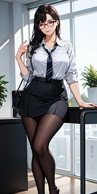 Elegant seasoned female teacher with glasses short skirt black stockings playfully dressed as an office worker, plump chest and