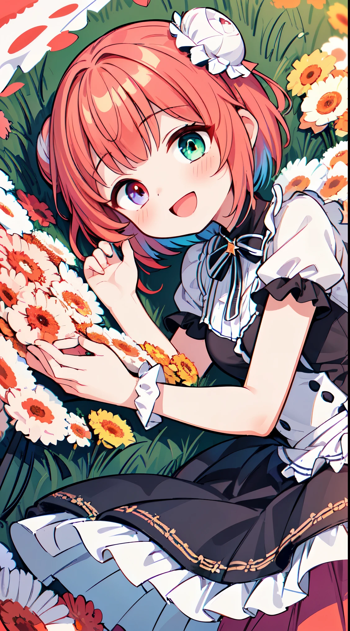 (masterpiece, top quality, best quality, official art, beautiful and aesthetic:1.2),ultra-detailed,intricate details,amazing illustration,award-winning art,atmospheric, 
BREAK, 1 beautiful girl, (cute:1.5), (Little: 0.8), (cute: 1.5), (upon: 0.5), ( girl), break(redhead, short hair,two bun hair:1.65),(heterochromia,blue eyes,green eyes, eye highlights,first ultrafine star:1.45) Star eyes silhouette thick eyelashes, naked boobs double eyelids:1.2),(white skin),break,transparent skin,beautiful skin, ,(highest quality faces),(The most brilliant eyes),(best smiling face,:D:1.45), 

BREAK (white and pink theme:1.5), (white and pink Classical lolita fashion:1.5),(white and pink Princess dress adorned with a plethora of fresh gerbera (in various vibrant colors:1.2):1.5), (voluminous frills:1.3), (Basque waist:1.3), ((crinoline, long multilayer-voluminous ruffle skirt)  adorned with  a plethora of fresh gerbera (in various vibrant colors:1.2):1.5), (intricate floral lace embroidery:1.6), (Princess dress and ruffle skirt  adorned with  a plethora of fresh gerbera (in various vibrant colors:1.2):2.0),(white pink heels adorned with fresh gerbera flowers in various colors:1.2),(holding a bouquet of brightly colored flowers:1.1),

BREAK (background of beautiful detailed Bench under the proof in the park at noon:1.3), (lying on lap:1.9),(knees together feet apart) 1.35),

BREAK,wakame,wakame,wakame,(Cowboy Shot:1.4),

BREAK,(Blurry background:1.3),(absurderes, hight resolution, Super Detail Art),cel shading,Clear Color, Lonely optical effect, Beautiful pictures, Bright glow, mystic atmosphere,(Close-up of girl:1.1), Mystical light particle effect,manga influence, clean line drawings,