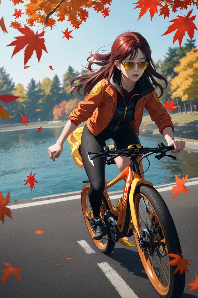 dynamic illustration of red yellow maple leaves drifting falling, leaves floating in the air, strong wind effect, autumn, water, Cycling girl with bike sunglasseotion Blur), (best composition), (realistic, photorealistic, RAWphoto:1.3), ultra-wide-angle, octane render, enhance, intricate, (best quality, masterpiece, Representative work, official art, Professional, unity 8k wallpaper:1.3)