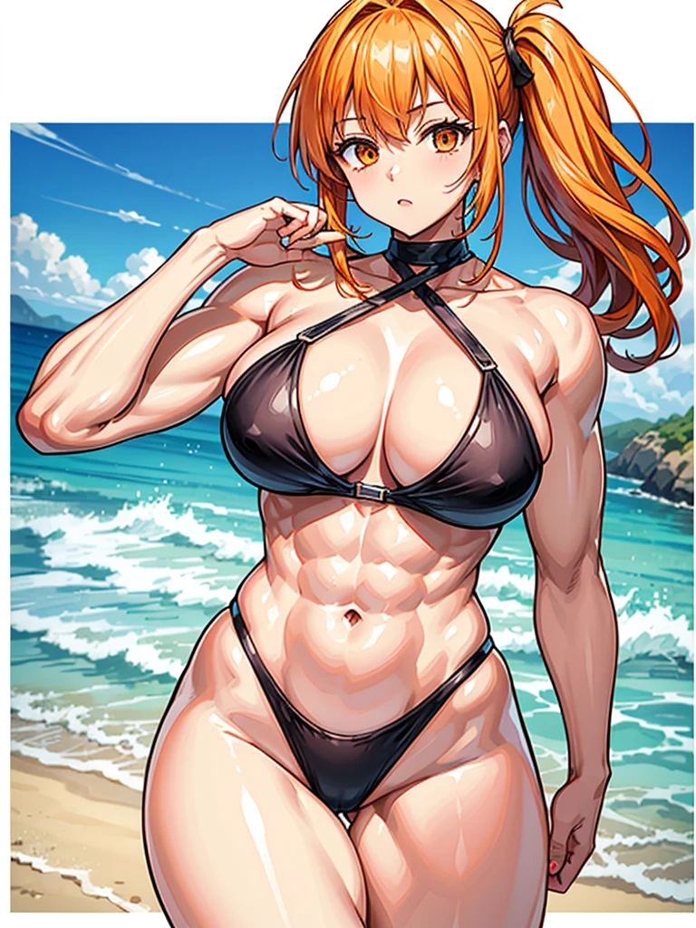 （（（masterpiece、Highest image quality、highest quality、highly detailed unity 8ｋwallpaper）））、（（Illustration of one girl））、（（（beautiful girl）））、（（orange hair、side ponytail、sidelocks：1.2、orange eyes））、（（（stocky build, thickset physique：1.3, muscular legs, broad shoulders, solid chest）））、swimsuit、sandy beach