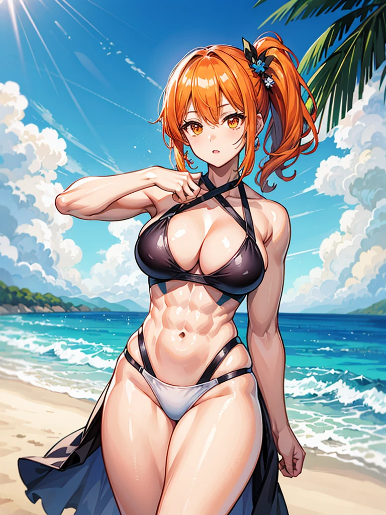 (((masterpiece、Highest image quality、highest quality、highly detailed unity 8kwallpaper)))、((Illustration of one girl))、(((beautiful girl)))、((orange hair、side ponytail、sidelocks:1.2、orange eyes))、(((stocky build, thickset physique:1.3, muscular legs, broad shoulders, solid chest)))、swimsuit、sandy beach