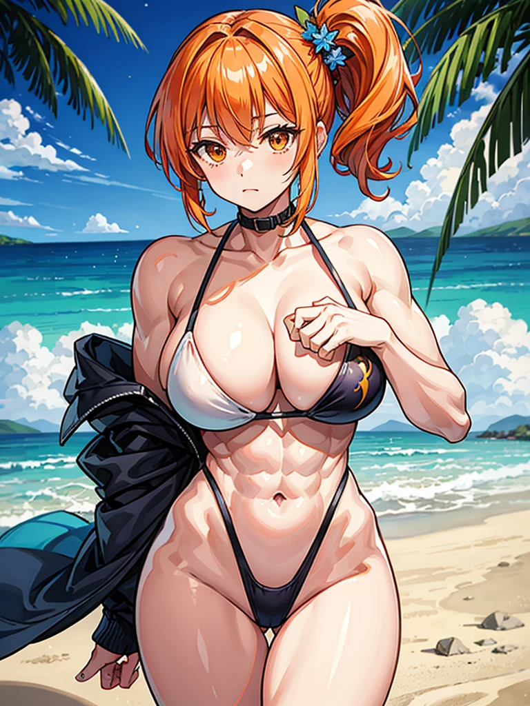 (((masterpiece、Highest image quality、highest quality、highly detailed unity 8kwallpaper)))、((Illustration of one girl))、(((beautiful girl)))、((orange hair、side ponytail、sidelocks:1.2、orange eyes))、(((stocky build, thickset physique:1.3, muscular legs, broad shoulders, solid chest)))、swimsuit、sandy beach