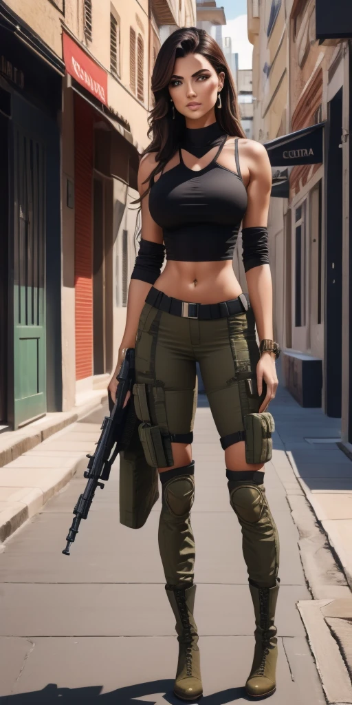 hermosa mujer soldado razgos de medio oriente cabello negro muy corto estilo militar, ojos cafe, brazos muy hypertrofiados, manos roboticas y cuerpo muscular, hombros al descubierto, tank top apretado color grisaseo gran escote, pantalones militares camuflaje color grisaceo, cinturon con municion, lleva un rifle de francotirador estilo sovietico, botas militares largas negras, fondo de la imagen, ciudad de medio oriente en llamas, ultra realistic, ultra detailed, ultra detailed, hyperrealistic, 4k, ultra detailed image, realistic, highly detailed, perfect composition, beautiful detailed intricate insanely detailed, 8k artistic photography, hyper detailed, Masterpiece
peliroja