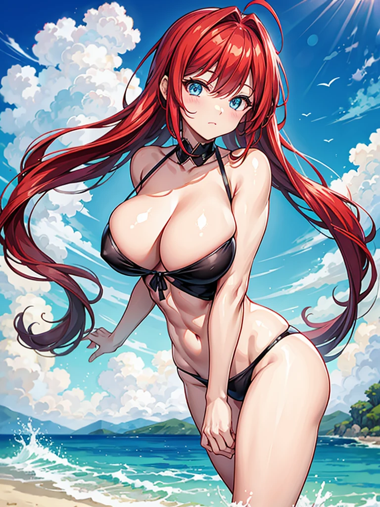 （（（masterpiece、Highest image quality、highest quality、highly detailed unity 8ｋwallpaper）））、（（Illustration of one girl））、（（（beautiful girl）））、（（red hair、Braid、sidelocks：1.2、blue eyes））、（（（stocky build：1.3, thickset physique, muscular legs, broad shoulders, solid chest）））、swimsuit、sandy beach