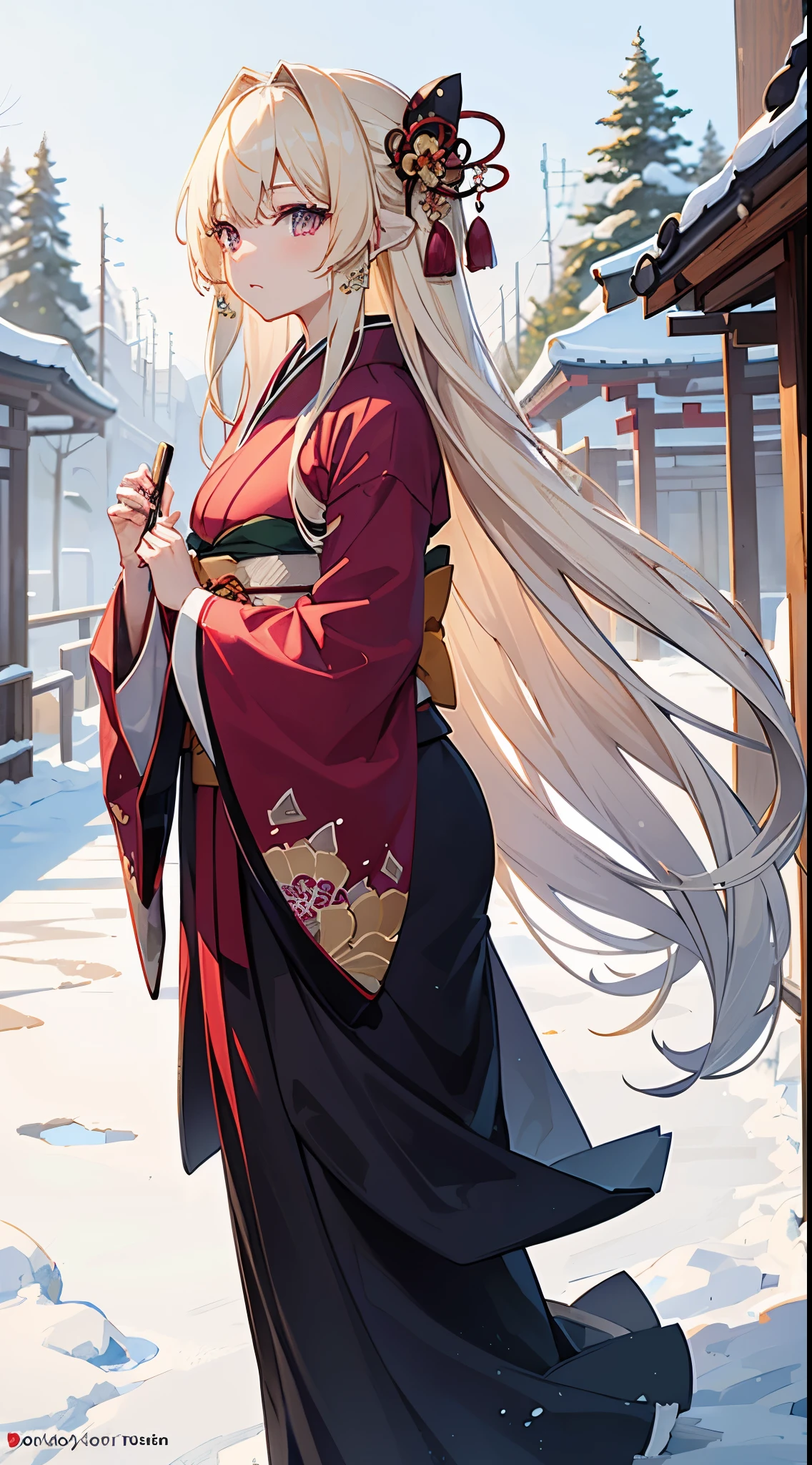 ((Best Quality)), (ultra-detailliert), ((Extremely detailed)), (Beautiful), ((Kawaii Girl)), ((UHD)), (masterpiece), (high quality), (best quality), (4K), (high quality), 1, solo girl, 1girl, ((platinum blond hair)), parted bangs, ((hair intakes)), long hair, (hair two side up long), ((jade colored eyes)), slanted eyes, medium breasts, slender body, Furisode, long sleeved kimono, winter shinto shrine, anime