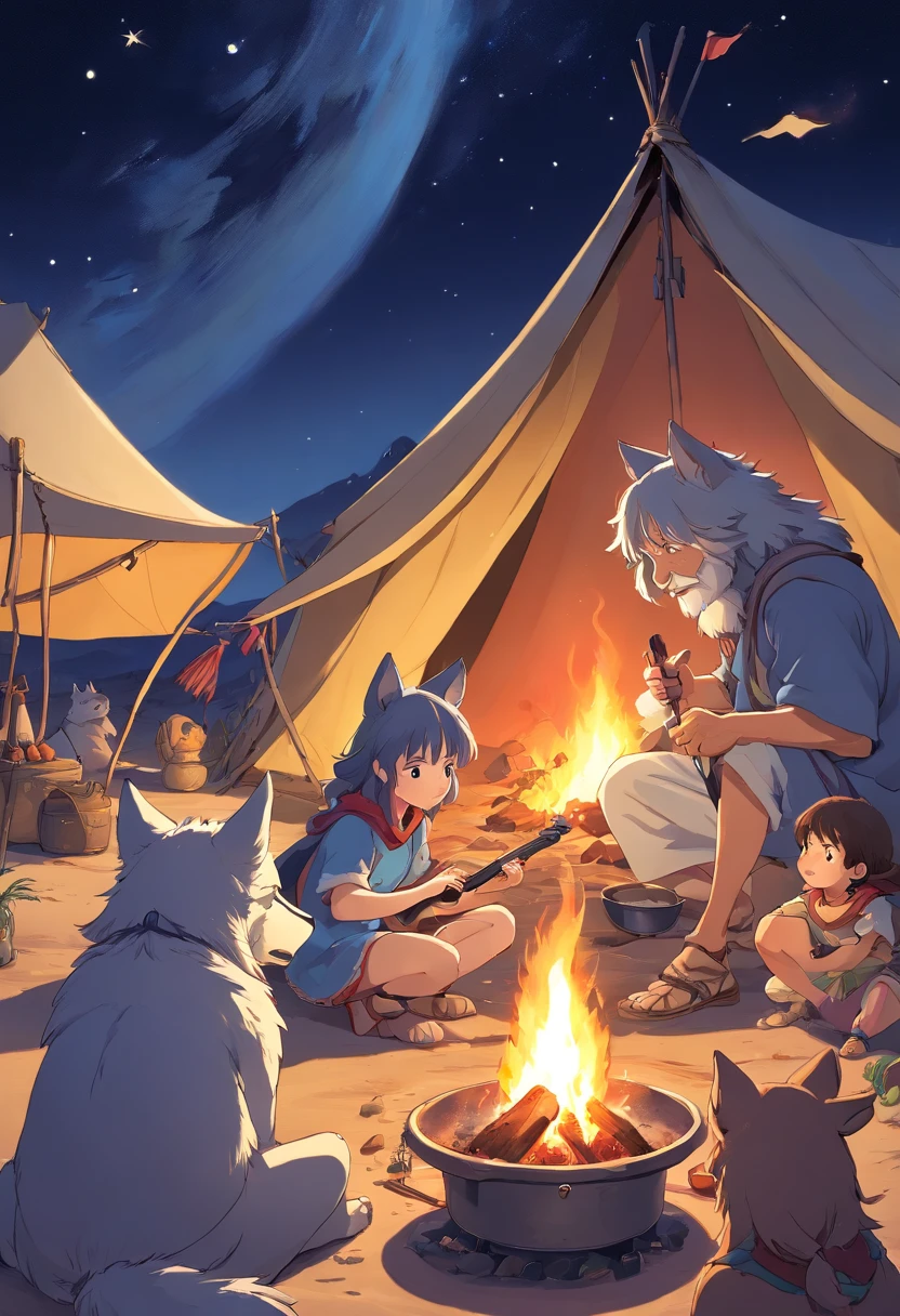 desert, night, camp, wolves sleep by fire, humans cook food on fire, tents, horses, oasis, stars, children playing, minstrel playing guitar, girls dancing, man sharpening sword, man practicing archery, old bearded man petting wolf