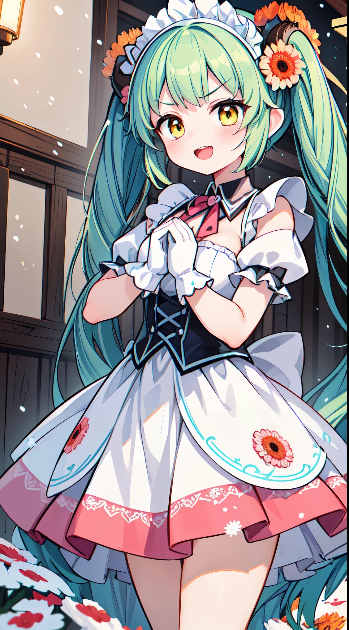 (masterpiece, top quality, best quality, official art, beautiful and aesthetic:1.2),ultra-detailed,intricate details,amazing illustration,award-winning art,atmospheric,
BREAK, 1 beautiful girl,(rs old girl),Solo,(cute:1.5),(chibi:0.6),(kawaii:1.5),(loli:0.5), BREAK,:d,(twintail, green hair, horns, long hair:1.35),(yellow eyes, double, slanted eyes slanted eyes:1.25),blush,double teeth,((D cup breasts))),heart,gaze,maid,/maid dragon/,dragon tail,(long eyelashes, double eyelids, fine eyebrows:1.2),solo,glowing skin,clear skin,beautiful skin,(top quality face),(top quality slanted eyes),maid outfit,gloves,open mouth,short sleeves,smile,white gloves,
BREAK (white and pink theme:1.5), (white and pink Classical lolita fashion:1.5),(white and pink Princess dress adorned with a plethora of fresh gerbera (in various vibrant colors:1.2):1.5), (voluminous frills:1.3), (Basque waist:1.3), ((crinoline, long multilayer-voluminous ruffle skirt) adorned with a plethora of fresh gerbera (in various vibrant colors:1.2):1.5), (intricate floral lace embroidery:1.6), (Princess dress and ruffle skirt adorned with a plethora of fresh gerbera (in various vibrant colors:1.2):2.0),(white pink heels adorned with fresh gerbera flowers in various colors:1.2),(holding a bouquet of brightly colored flowers:1.1),
BREAK,(folded hands:1.8),(background of beautiful detailed The dazzling morning sun rises and Shrine grounds covered in snow:1.2),
BREAK,wakame,wakame,wakame,(Cowboy Shot:1.4),
BREAK,(Blurry background:1.3),(absurderes, hight resolution, Super Detail Art),cel shading,Clear Color, Lonely optical effect, Beautiful pictures, Bright glow, mystic atmosphere,(Close-up of girl:1.1), Mystical light particle effect,manga influence, clean line drawings,