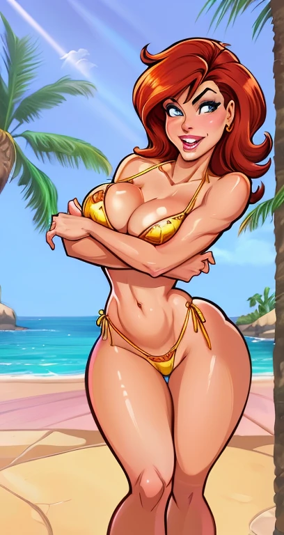arafed woman in a bikini posing on a deck near the water, realistic bikini, digital cartoon painting art, lovely brigitte from overwatch, pinup art, cartoon digital painting, jessica rabbit, painted in anime painter studio, commission for high res, with a large breasts, comic digital art, cutesexyrobutts, [ 4 k digital art ]!!, with large breasts