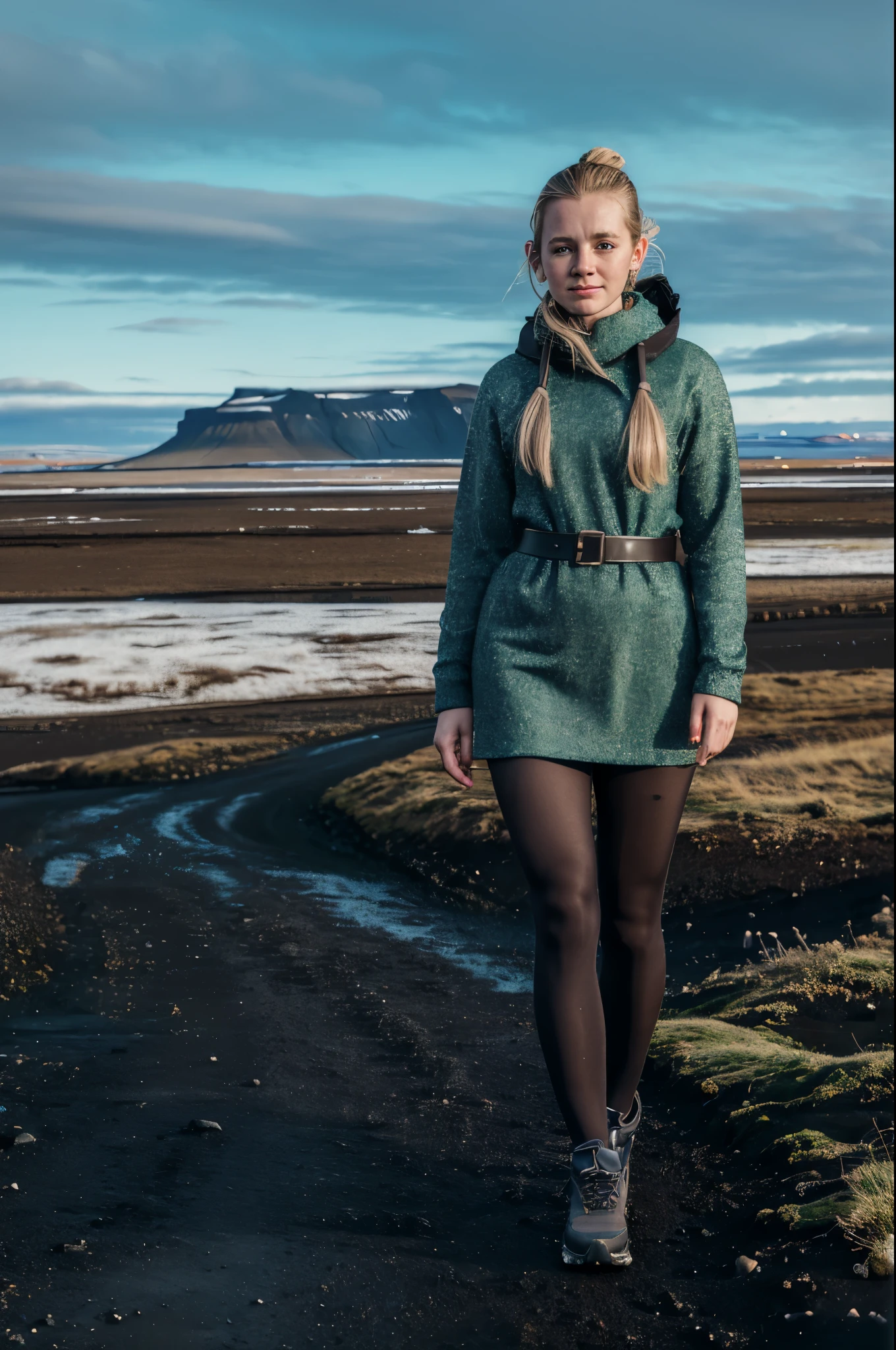 (photoreal, 4K)), ((Ultradetailed)), ((full body Portrait)), ((casually dressed)), cute ((iceland)) woman, scenery in background