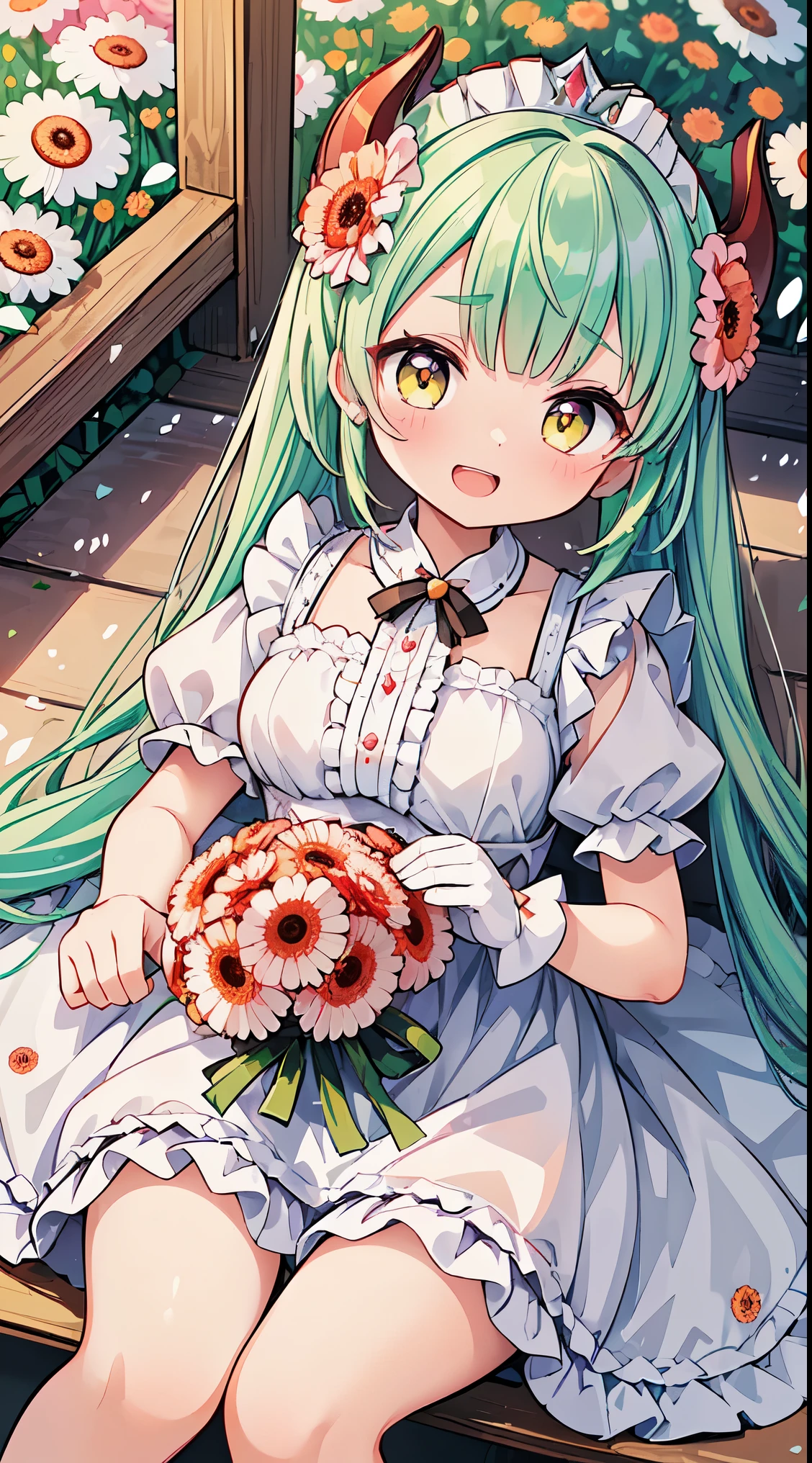 (masterpiece, top quality, best quality, official art, beautiful and aesthetic:1.2),ultra-detailed,intricate details,amazing illustration,award-winning art,atmospheric,
BREAK, 1 beautiful girl,(17 yrs old girl),Solo,(cute:1.5),(chibi:0.6),(kawaii:1.5),(loli:0.5), BREAK,:d,(twintail, green hair, horns, long hair:1.35),(yellow eyes, double, slanted eyes slanted eyes:1.25),blush,double teeth,((D cup breasts))),heart,gaze,maid,/maid dragon/,dragon tail,(long eyelashes, double eyelids, fine eyebrows:1.2),solo,glowing skin,clear skin,beautiful skin,(top quality face),(top quality slanted eyes),maid outfit,gloves,open mouth,short sleeves,smile,white gloves,
BREAK (white and pink theme:1.5), (white and pink Classical lolita fashion:1.5),(white and pink Princess dress adorned with a plethora of fresh gerbera (in various vibrant colors:1.2):1.5), (voluminous frills:1.3), (Basque waist:1.3), ((crinoline, long multilayer-voluminous ruffle skirt) adorned with a plethora of fresh gerbera (in various vibrant colors:1.2):1.5), (intricate floral lace embroidery:1.6), (Princess dress and ruffle skirt adorned with a plethora of fresh gerbera (in various vibrant colors:1.2):2.0),(white pink heels adorned with fresh gerbera flowers in various colors:1.2),(holding a bouquet of brightly colored flowers:1.1),
BREAK (background of beautiful detailed Bench under the proof in the park at noon:1.3), (lying on lap:1.9),(knees together feet apart) 1.35),
BREAK,wakame,wakame,wakame,(Cowboy Shot:1.4),
BREAK,(Blurry background:1.3),(absurderes, hight resolution, Super Detail Art),cel shading,Clear Color, Lonely optical effect, Beautiful pictures, Bright glow, mystic atmosphere,(Close-up of girl:1.1), Mystical light particle effect,manga influence, clean line drawings,