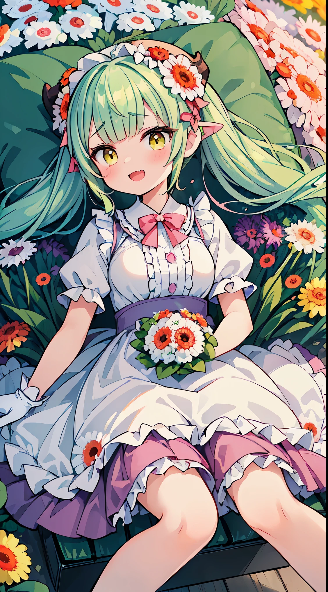 (masterpiece, top quality, best quality, official art, beautiful and aesthetic:1.2),ultra-detailed,intricate details,amazing illustration,award-winning art,atmospheric,
BREAK, 1 beautiful girl,(rs old girl),Solo,(cute:1.5),(chibi:0.6),(kawaii:1.5),(loli:0.5), BREAK,:d,(twintail, green hair, horns, long hair:1.35),(yellow eyes, double, slanted eyes slanted eyes:1.25),blush,double teeth,((D cup breasts))),heart,gaze,maid,/maid dragon/,dragon tail,(long eyelashes, double eyelids, fine eyebrows:1.2),solo,glowing skin,clear skin,beautiful skin,(top quality face),(top quality slanted eyes),maid outfit,gloves,open mouth,short sleeves,smile,white gloves,
BREAK (white and pink theme:1.5), (white and pink Classical lolita fashion:1.5),(white and pink Princess dress adorned with a plethora of fresh gerbera (in various vibrant colors:1.2):1.5), (voluminous frills:1.3), (Basque waist:1.3), ((crinoline, long multilayer-voluminous ruffle skirt) adorned with a plethora of fresh gerbera (in various vibrant colors:1.2):1.5), (intricate floral lace embroidery:1.6), (Princess dress and ruffle skirt adorned with a plethora of fresh gerbera (in various vibrant colors:1.2):2.0),(white pink heels adorned with fresh gerbera flowers in various colors:1.2),(holding a bouquet of brightly colored flowers:1.1),
BREAK (background of beautiful detailed Bench under the proof in the park at noon:1.3), (lying on lap:1.9),(knees together feet apart) 1.35),
BREAK,wakame,wakame,wakame,(Cowboy Shot:1.4),
BREAK,(Blurry background:1.3),(absurderes, hight resolution, Super Detail Art),cel shading,Clear Color, Lonely optical effect, Beautiful pictures, Bright glow, mystic atmosphere,(Close-up of girl:1.1), Mystical light particle effect,manga influence, clean line drawings,
