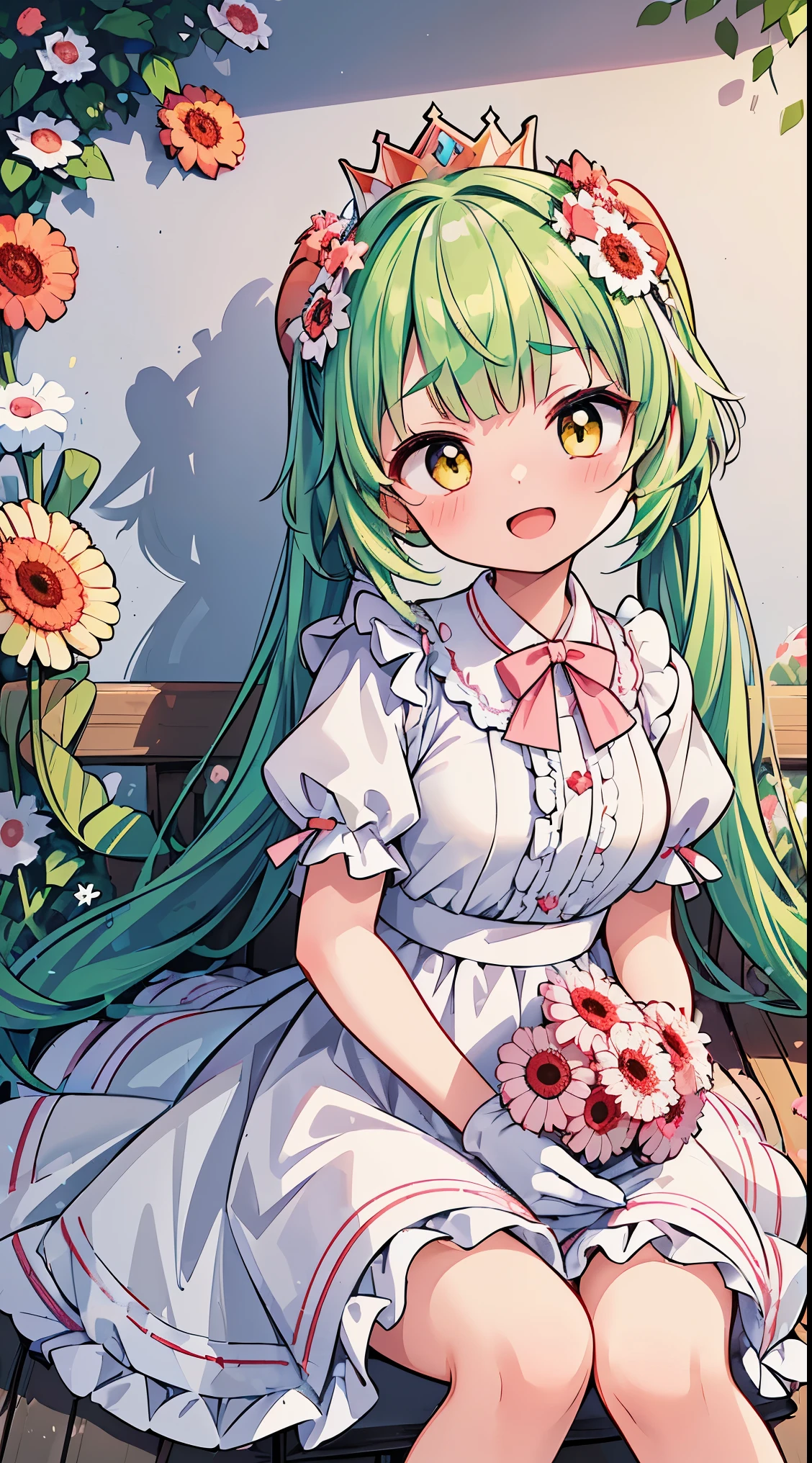 (masterpiece, top quality, best quality, official art, beautiful and aesthetic:1.2),ultra-detailed,intricate details,amazing illustration,award-winning art,atmospheric, 
BREAK, 1 beautiful girl,(17 yrs old girl),Solo,(cute:1.5),(chibi:0.6),(kawaii:1.5),(loli:0.5), BREAK,:d,(twintail, green hair, horns, long hair:1.35),(yellow eyes, double, slanted eyes slanted eyes:1.25),blush,double teeth,((D cup breasts))),heart,gaze,maid,/maid dragon/,dragon tail,(long eyelashes, double eyelids, fine eyebrows:1.2),solo,glowing skin,clear skin,beautiful skin,(top quality face),(top quality slanted eyes),maid outfit,gloves,open mouth,short sleeves,smile,white gloves,

BREAK (white and pink theme:1.5), (white and pink Classical lolita fashion:1.5),(white and pink Princess dress adorned with a plethora of fresh gerbera (in various vibrant colors:1.2):1.5), (voluminous frills:1.3), (Basque waist:1.3), ((crinoline, long multilayer-voluminous ruffle skirt)  adorned with  a plethora of fresh gerbera (in various vibrant colors:1.2):1.5), (intricate floral lace embroidery:1.6), (Princess dress and ruffle skirt  adorned with  a plethora of fresh gerbera (in various vibrant colors:1.2):2.0),(white pink heels adorned with fresh gerbera flowers in various colors:1.2),(holding a bouquet of brightly colored flowers:1.1),

BREAK (background of beautiful detailed Bench under the proof in the park at noon:1.3), (lying on lap:1.9),(knees together feet apart) 1.35),

BREAK,wakame,wakame,wakame,(Cowboy Shot:1.4),

BREAK,(Blurry background:1.3),(absurderes, hight resolution, Super Detail Art),cel shading,Clear Color, Lonely optical effect, Beautiful pictures, Bright glow, mystic atmosphere,(Close-up of girl:1.1), Mystical light particle effect,manga influence, clean line drawings,