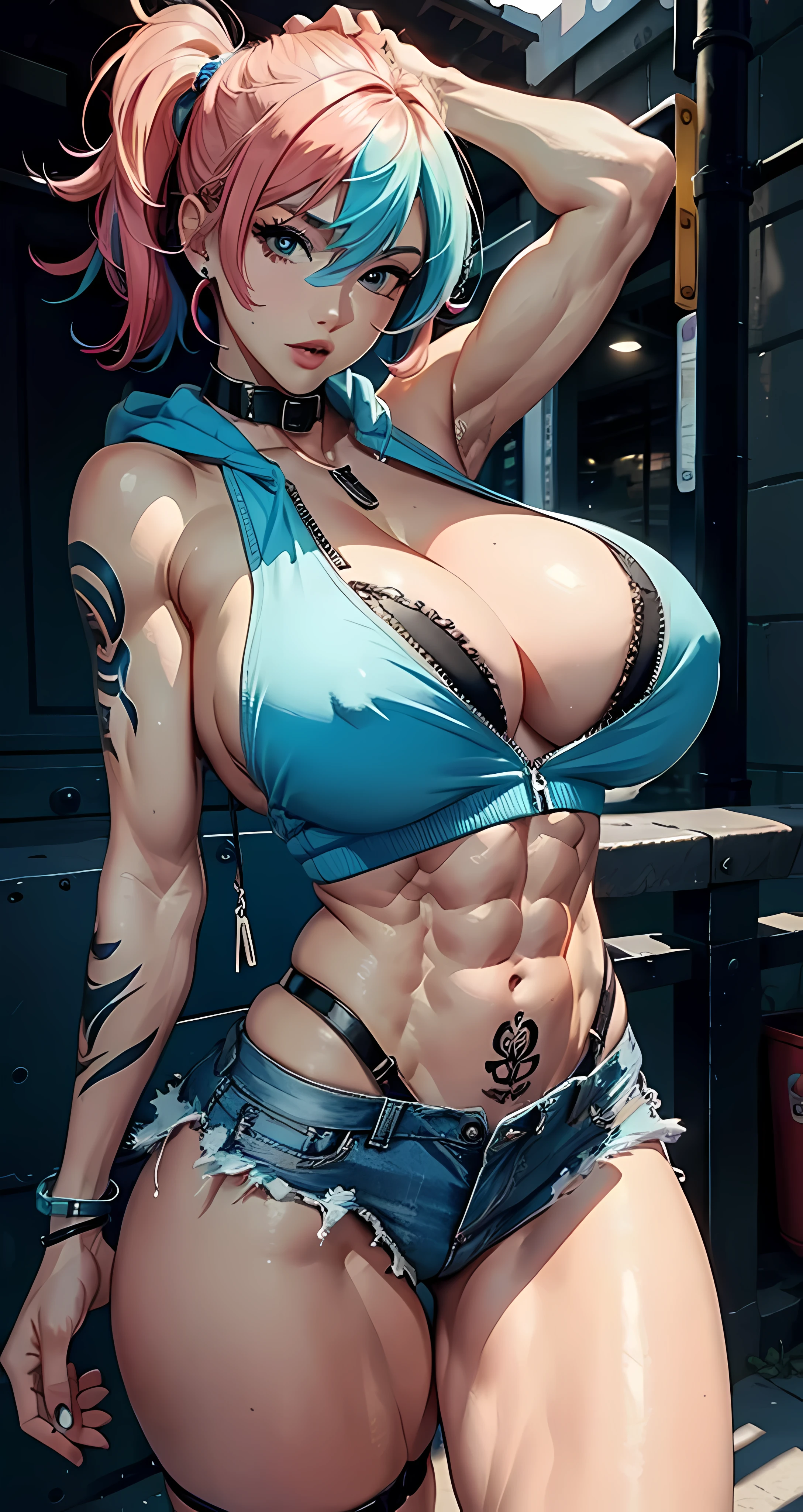 Perfect Masterpiece, 8K UHD QUALITY RESOLUTION, The most beautiful and sexy punk rock girl, rainbow colored hair, vibrant yellow eyes, long detailed eyelashes, huge enormously gigantic tits, cleavage showing, wearing hoodie tank top and torn skinny jeans, tons of tattoos and piercings