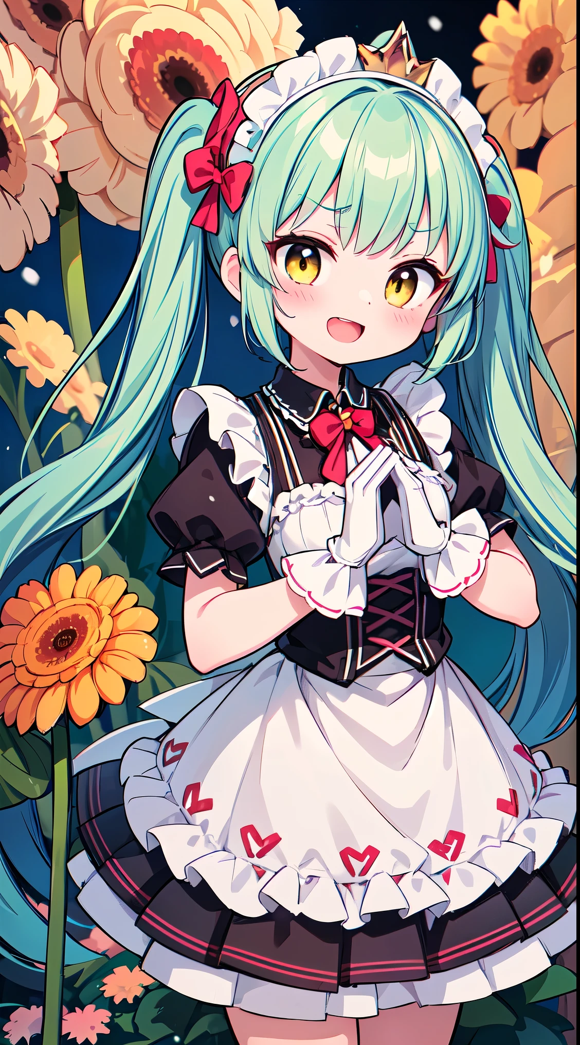 (masterpiece, top quality, best quality, official art, beautiful and aesthetic:1.2),ultra-detailed,intricate details,amazing illustration,award-winning art,atmospheric,
BREAK, 1 beautiful girl,(17 yrs old girl),Solo,(cute:1.5),(chibi:0.6),(kawaii:1.5),(loli:0.5), BREAK,:d,(twintail, green hair, horns, long hair:1.35),(yellow eyes, double, slanted eyes slanted eyes:1.25),blush,double teeth,((D cup breasts))),heart,gaze,maid,/maid dragon/,dragon tail,(long eyelashes, double eyelids, fine eyebrows:1.2),solo,glowing skin,clear skin,beautiful skin,(top quality face),(top quality slanted eyes),maid outfit,gloves,open mouth,short sleeves,smile,white gloves,
BREAK (white and pink theme:1.5), (white and pink Classical lolita fashion:1.5),(white and pink Princess dress adorned with a plethora of fresh gerbera (in various vibrant colors:1.2):1.5), (voluminous frills:1.3), (Basque waist:1.3), ((crinoline, long multilayer-voluminous ruffle skirt) adorned with a plethora of fresh gerbera (in various vibrant colors:1.2):1.5), (intricate floral lace embroidery:1.6), (Princess dress and ruffle skirt adorned with a plethora of fresh gerbera (in various vibrant colors:1.2):2.0),(white pink heels adorned with fresh gerbera flowers in various colors:1.2),(holding a bouquet of brightly colored flowers:1.1),
BREAK,(folded hands:1.8),(background of beautiful detailed The dazzling morning sun rises and Shrine grounds covered in snow:1.2),
BREAK,wakame,wakame,wakame,(Cowboy Shot:1.4),
BREAK,(Blurry background:1.3),(absurderes, hight resolution, Super Detail Art),cel shading,Clear Color, Lonely optical effect, Beautiful pictures, Bright glow, mystic atmosphere,(Close-up of girl:1.1), Mystical light particle effect,manga influence, clean line drawings,