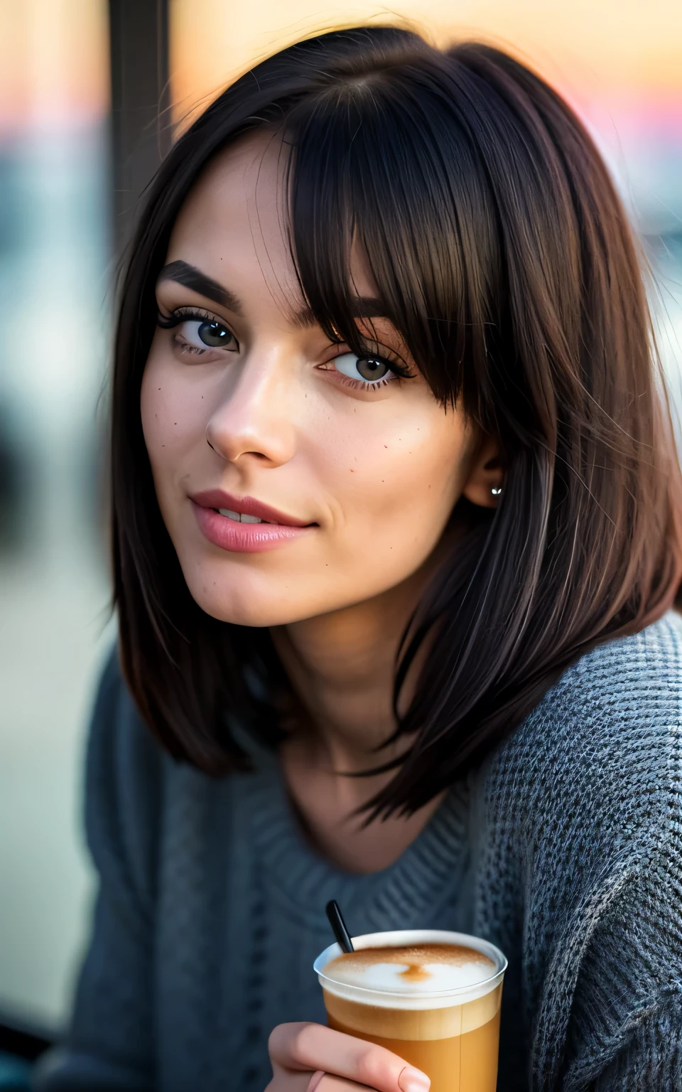 beautiful woman, black straight bob hair, wearing love colorful sweater (sipping coffee inside a modern café at sunset), very detailed, 27 years old, innocent face, blue eyes, high resolution, masterpiece, best quality, intricate details, highly detailed, sharp focus, detailed skin, realistic skin texture, texture, detailed eyes, professional, 4k, charming smile, shot on Canon, 85mm, shallow depth of field, kodak vision color, perfect fit body, extremely detailed, foto_\(ultra\), photorealistic, realistic, post-processing, maximum detail, roughness, real life, ultra realistic, photorealism, photography, 8k uhd, photography