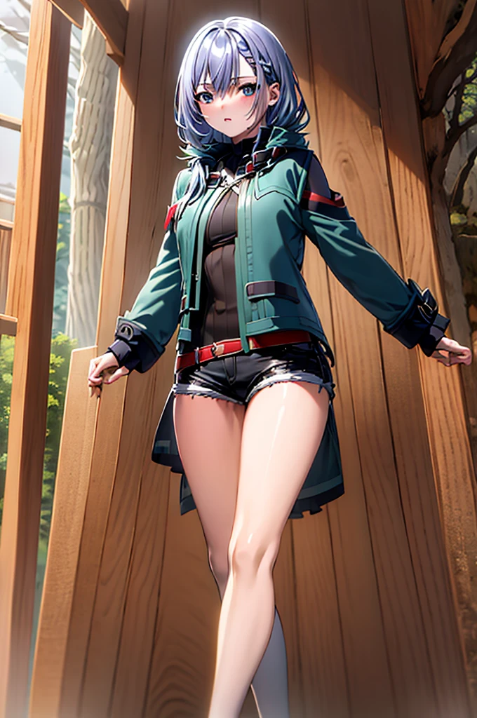 luna jacket, black shorts, thighhigh, silver hair, loose braid, beautiful face, forest background, (masterpiece:1.2), best quality, absurdres, extremely detailed wallpaper, perfect lighting, sunlight,