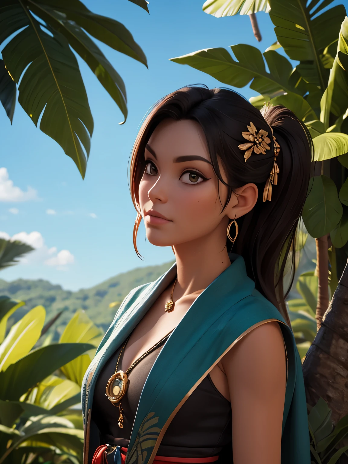 ((best quality)), (detailed), (vivid color), Jaguar in jungle with, beautiful Mayan woman, looking over her shoulder, HDR, 4K, 3D, ray tracing, digital 3D art