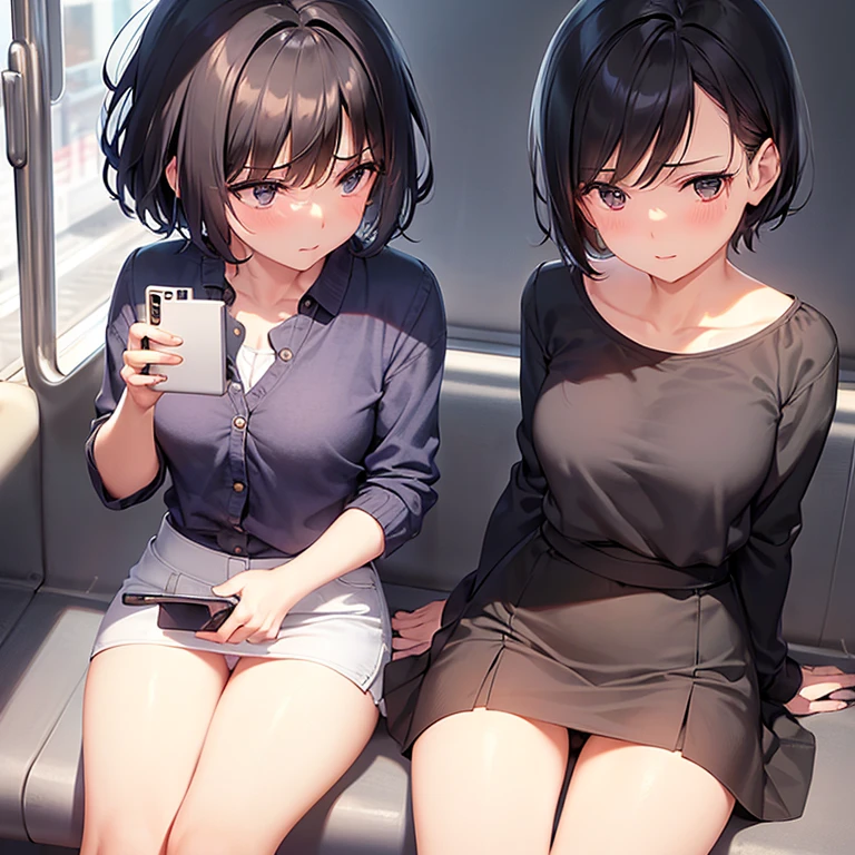 Hairstyle: short black hair,
a girl,solo,highly detailed beautiful face and eyes,looking at viewer ,on the train, train interior, front view of front seat,(looking away:1.4) ,(staring at smartphone:1.7),
(sitting:1.3),(skirt:1.3), show off panties, white panties, (cameltoe:1.2), cowboy shot,