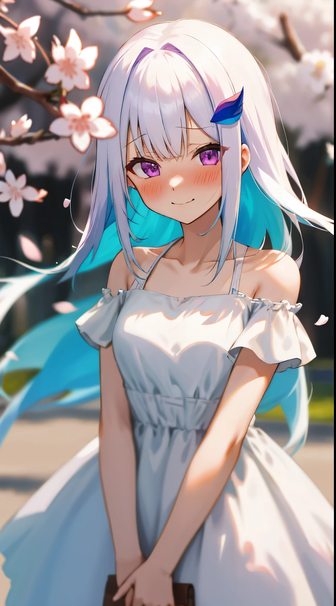 One girl with long hair, bangs, white hair, blue inner hair:1.25) , purple eyes, looking at viewer, blushing, little smile, embarrassed, white dress, bare shoulders, collarbone, short sleeves, outdoor, cherry blossoms, dizzy, mid-chest, day atmosphere, hair ornament, standing, medium breasts, upper body, focus, blurry background
