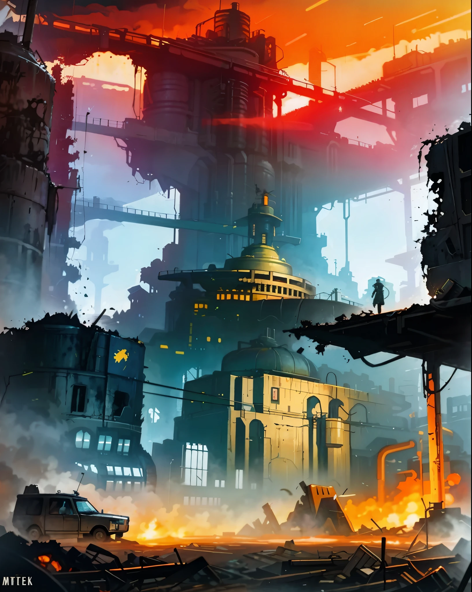 Post Apocalyptic, Retro Futuristic City, Paisagem Wartorn. (Undoing), (Crateras), (Buracos de concha). Diesel Punk Scenario, War-Torn Haunt, oil painting, Jakub Różalski, Pixiv, Artstation.