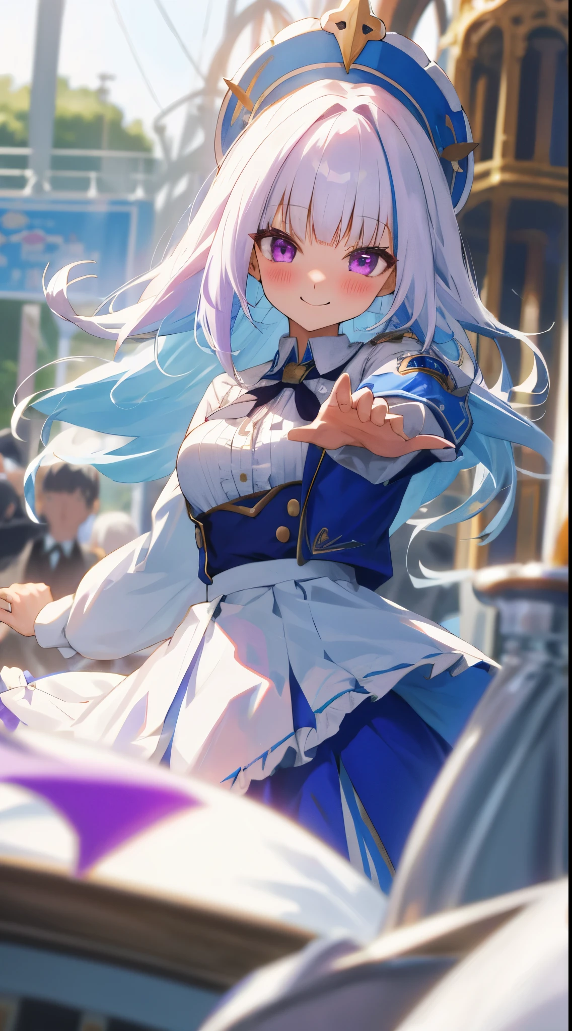 One girl with long hair, bangs, white hair, blue inner hair:1.25) , purple eyes, looking at viewer, blushing, little smile, long sleeves, armband, frilled skirt, white jacket, white shirt, blue skirt, outdoor, standing, Amusement park, dizzy, mid-chest, day atmosphere, hair ornament, medium breasts, upper body, focus, blurry background